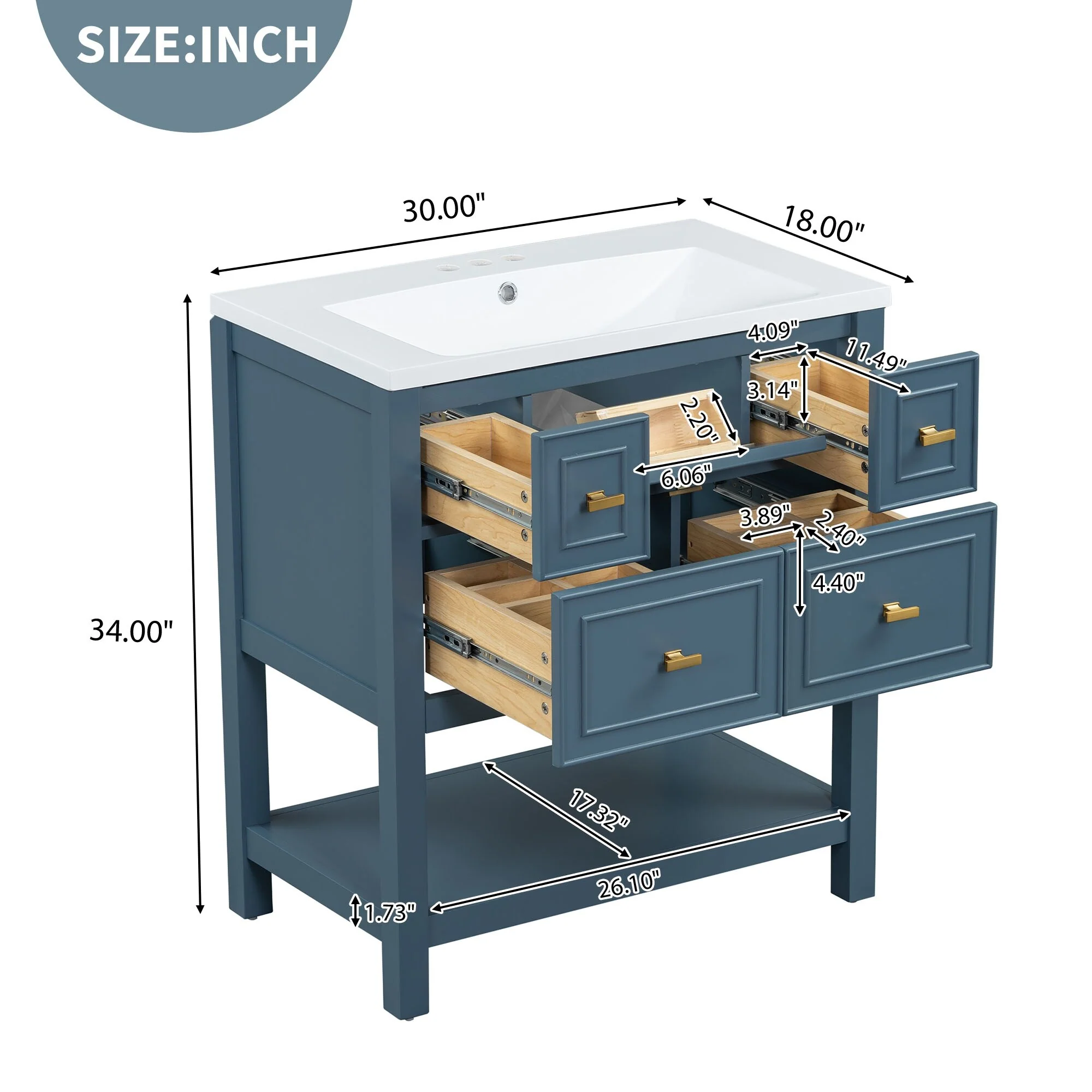 Free Standing Single Bathroom Vanity with 5 Drawers Bathroom Storage Cabinet