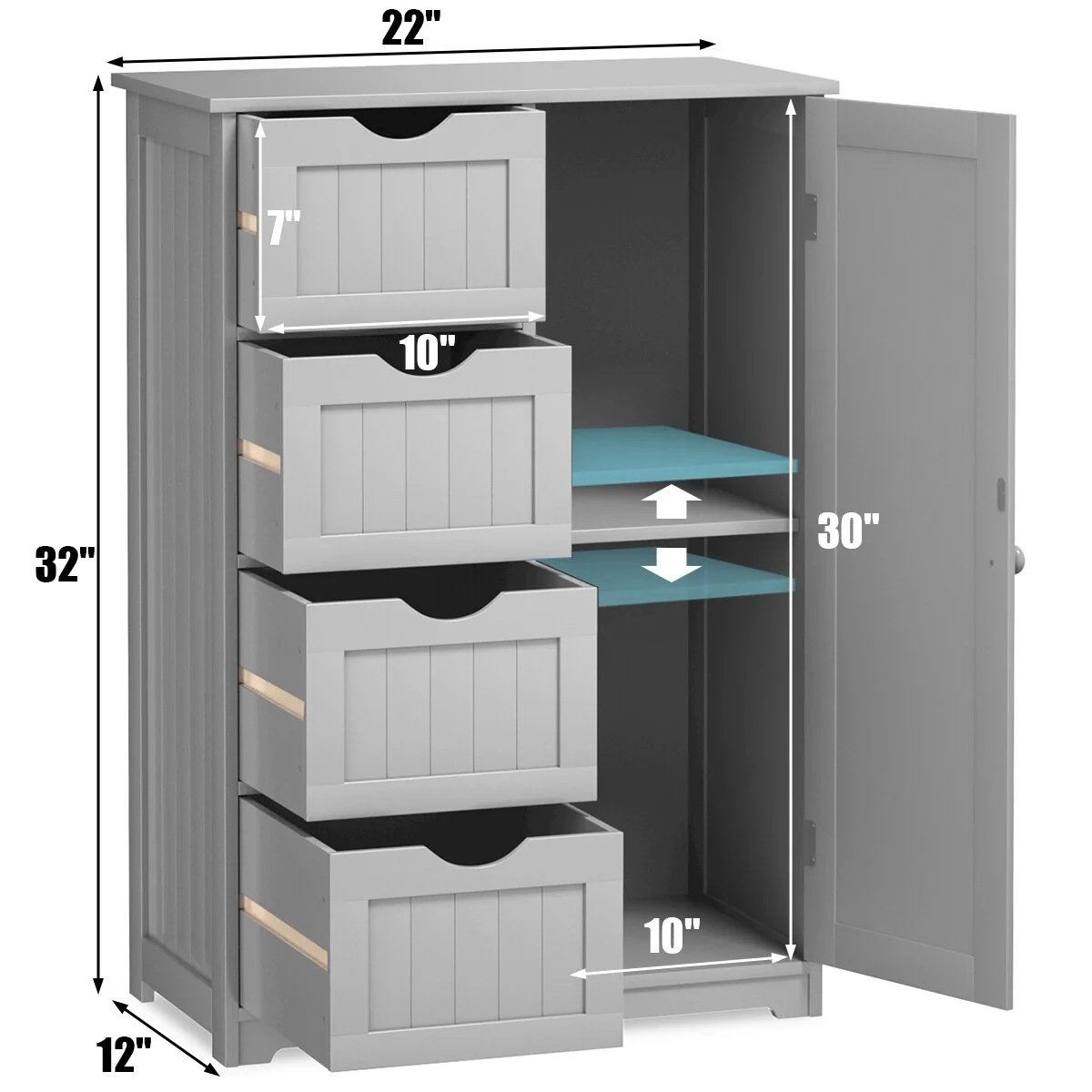 Costway Wooden 4 Drawer Bathroom Floor Cabinet Storage Cupboard 2