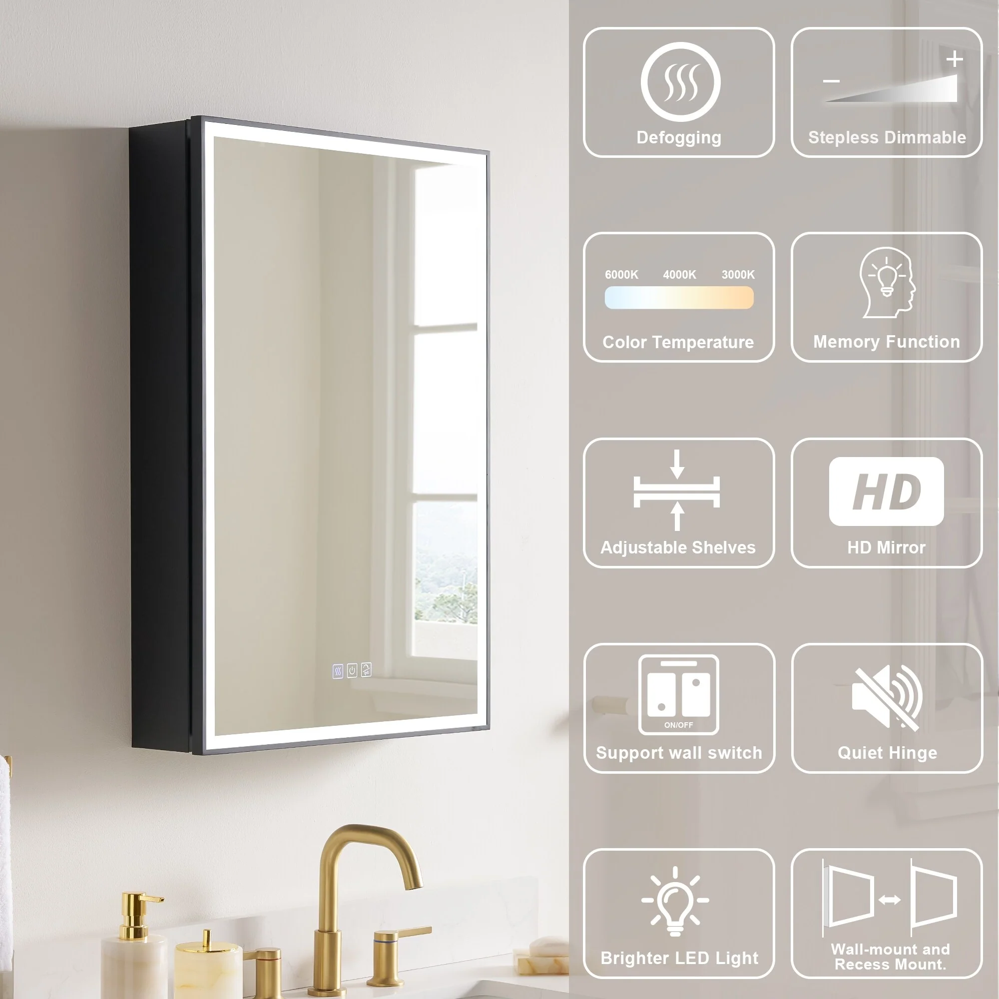 30'' H Recessed Or Surface Wall Mounted LED Mirror Cabinet With Mirror And Adjustable Shelves,Black Frame