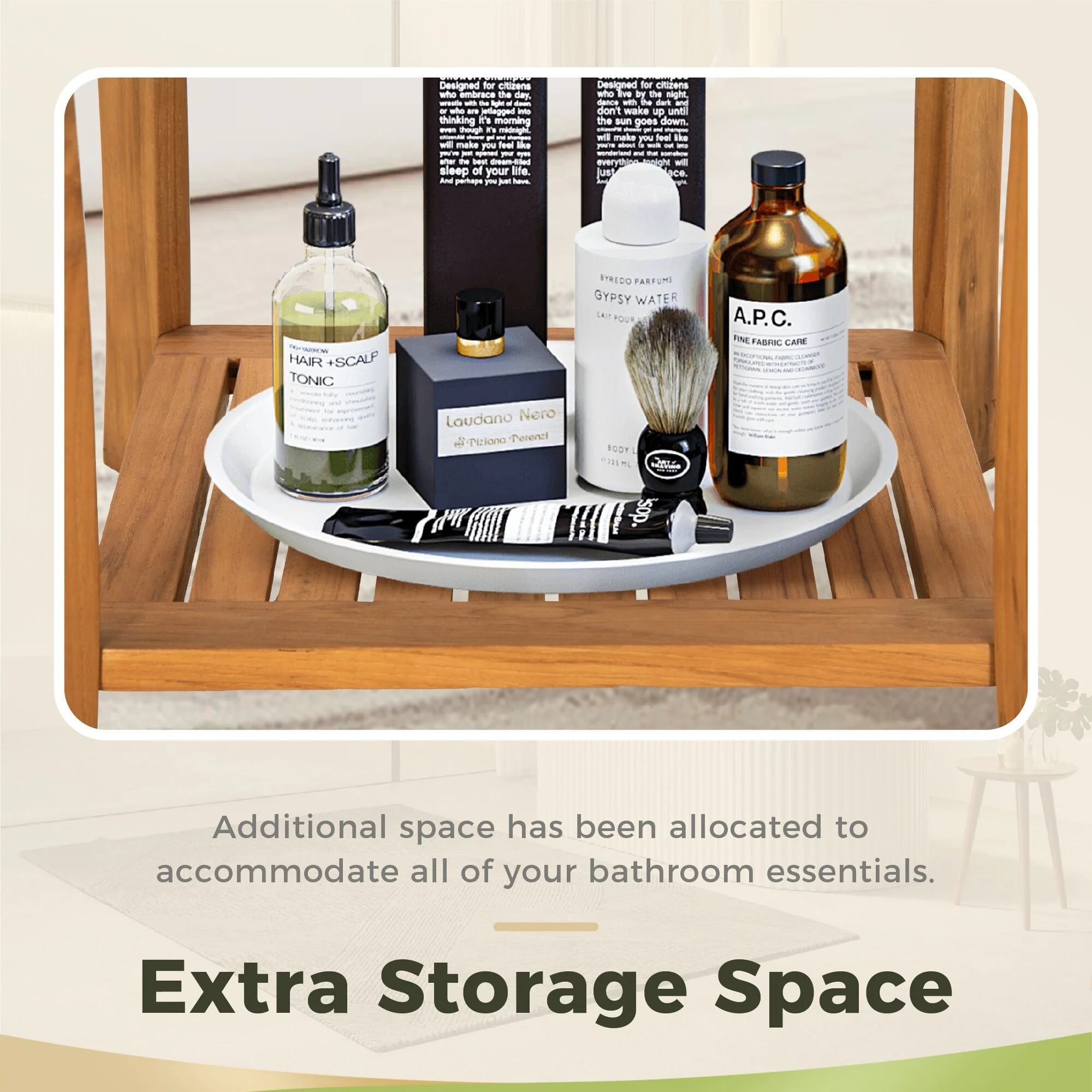 Bathroom Stool with Storage Shelf, Teak Shower Bench Waterproof Wood Bench, Shower Seat