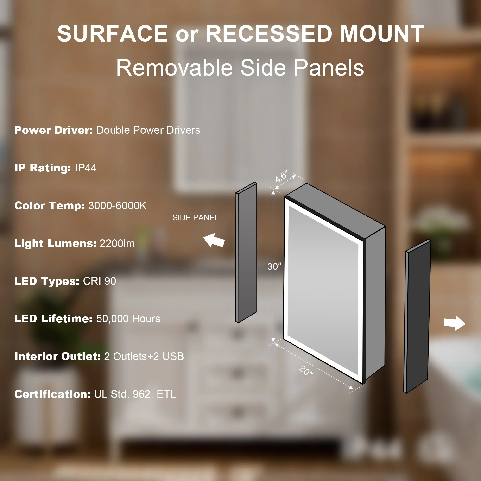 30'' H Recessed Or Surface Wall Mounted LED Mirror Cabinet With Mirror And Adjustable Shelves,Black Frame