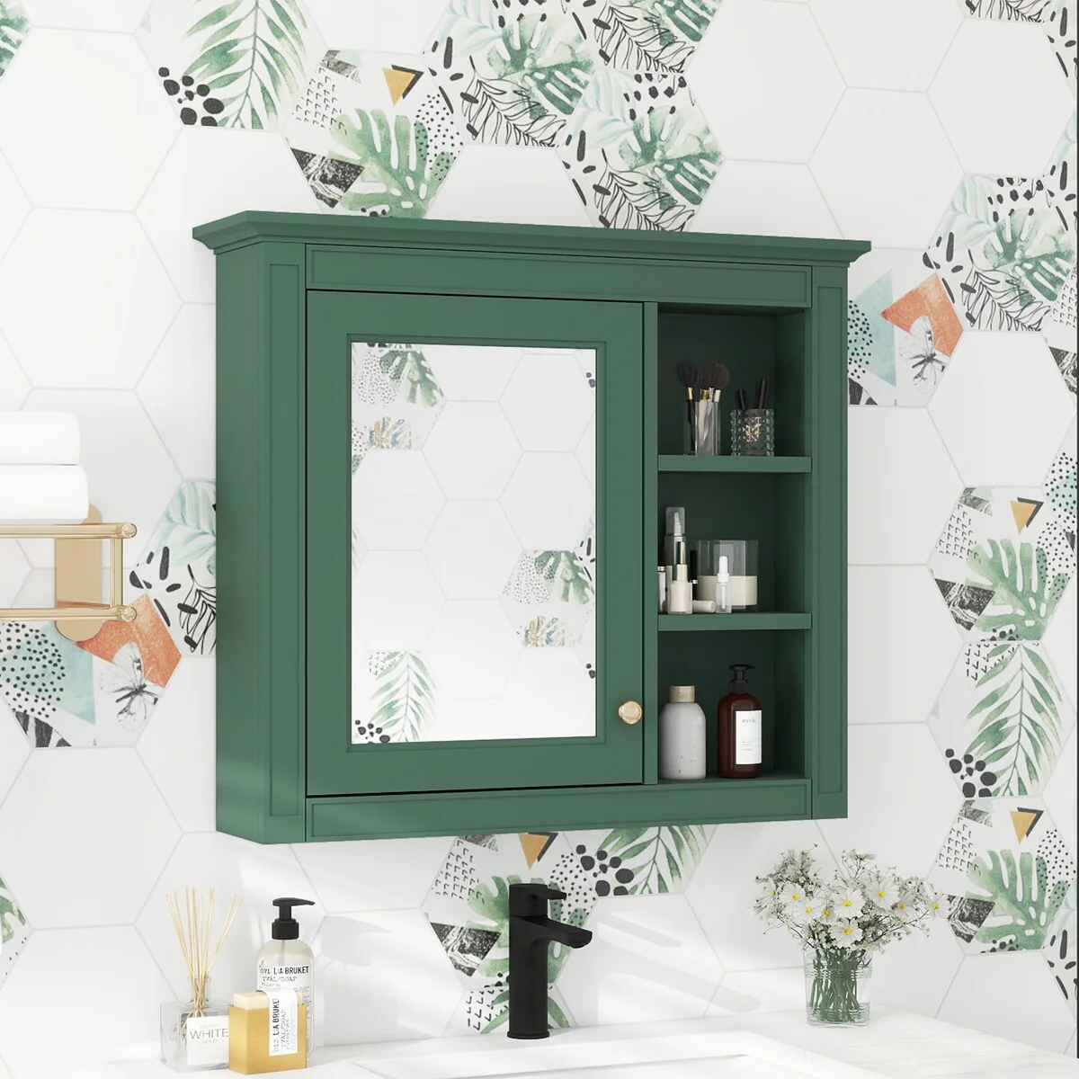 30'' x 28'' Wall Mounted Bathroom Storage Cabinet, Modern Bathroom Wall Cabinet with Mirror,Mirror Cabinet with 3 Open Shelves