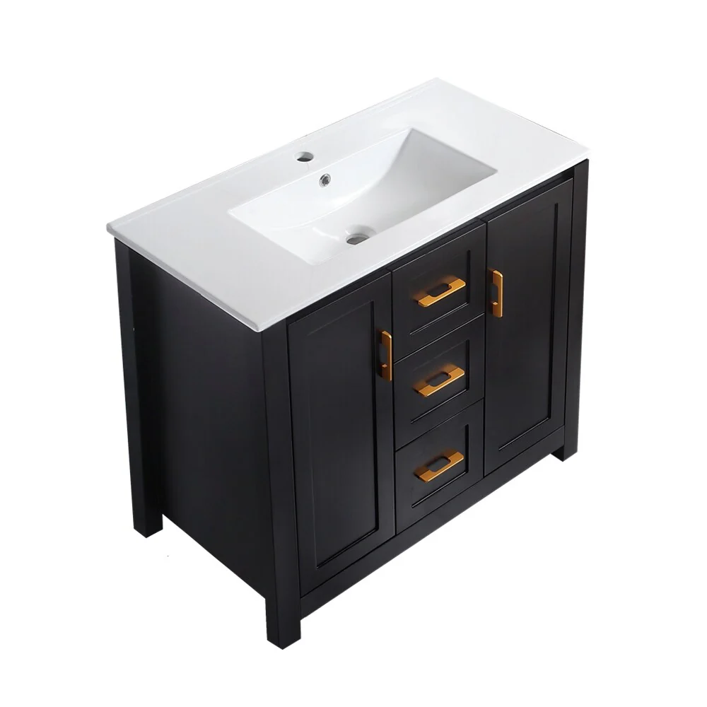 Bathroom Vanity with Single Sink, Wood Storage Cabinet with 2 Soft Closing Doors, Freestanding Vanity Cabinet with 3 Drawers