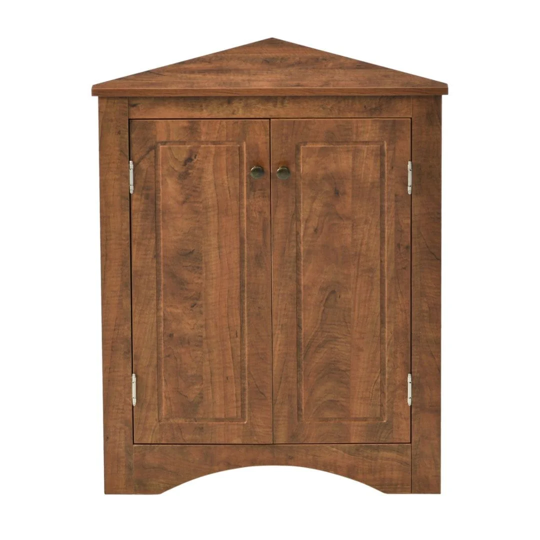Brown Triangle Bathroom Storage Cabinet with Adjustable Shelves, Freestanding Floor Cabinet