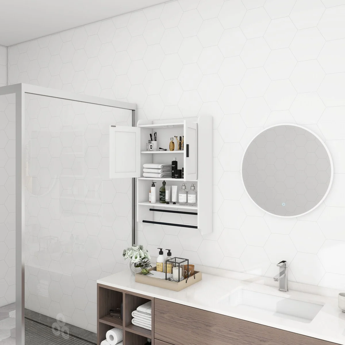 Bathroom Wall Cabinet with Doors,Adjustable Shelf,Towel Bar and Paper Holder,Over The Toilet Storage Cabinet,Medicine Cabinet