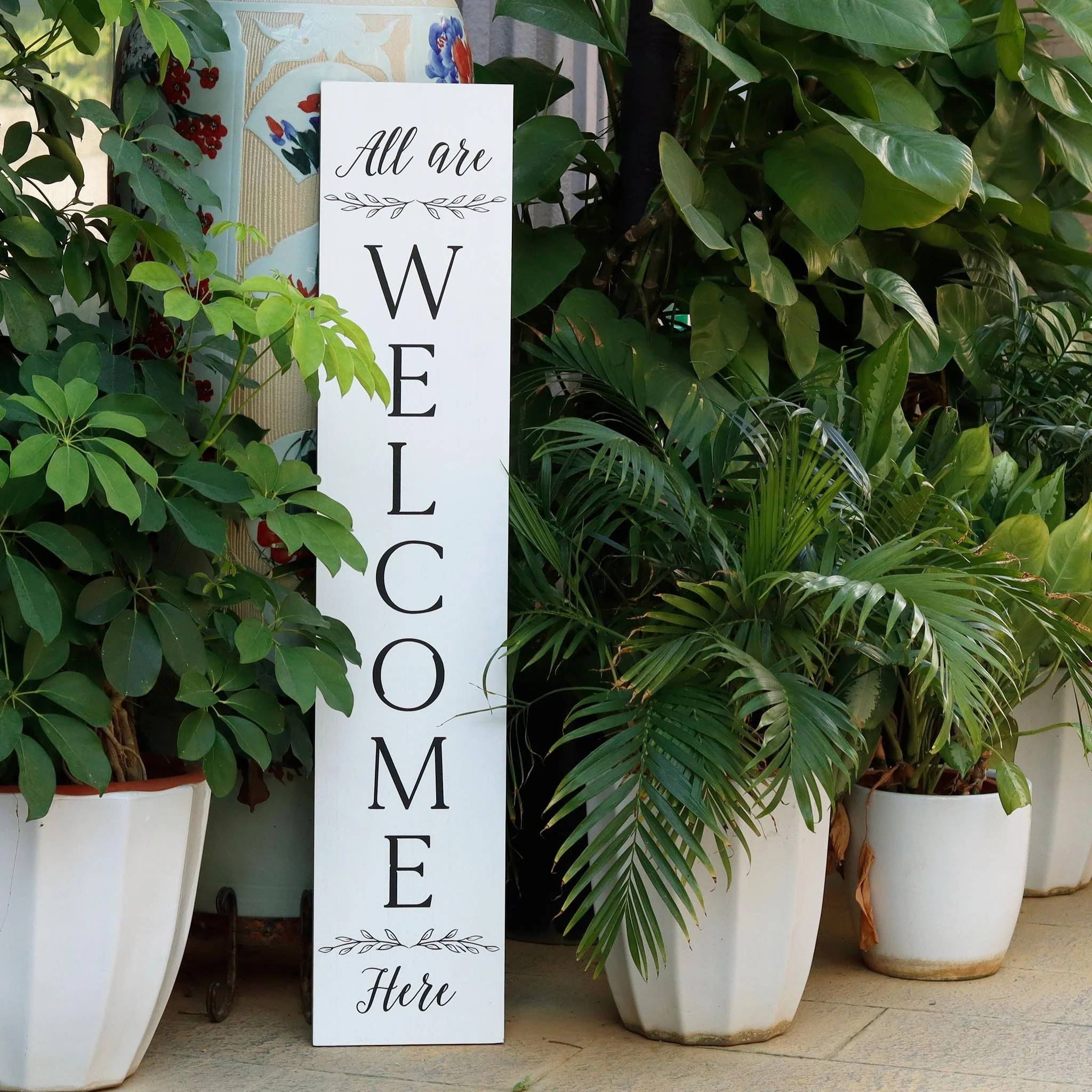 Farmhouse All Are Welcome Here Vertical White Wood Wall Plaque, 47.25