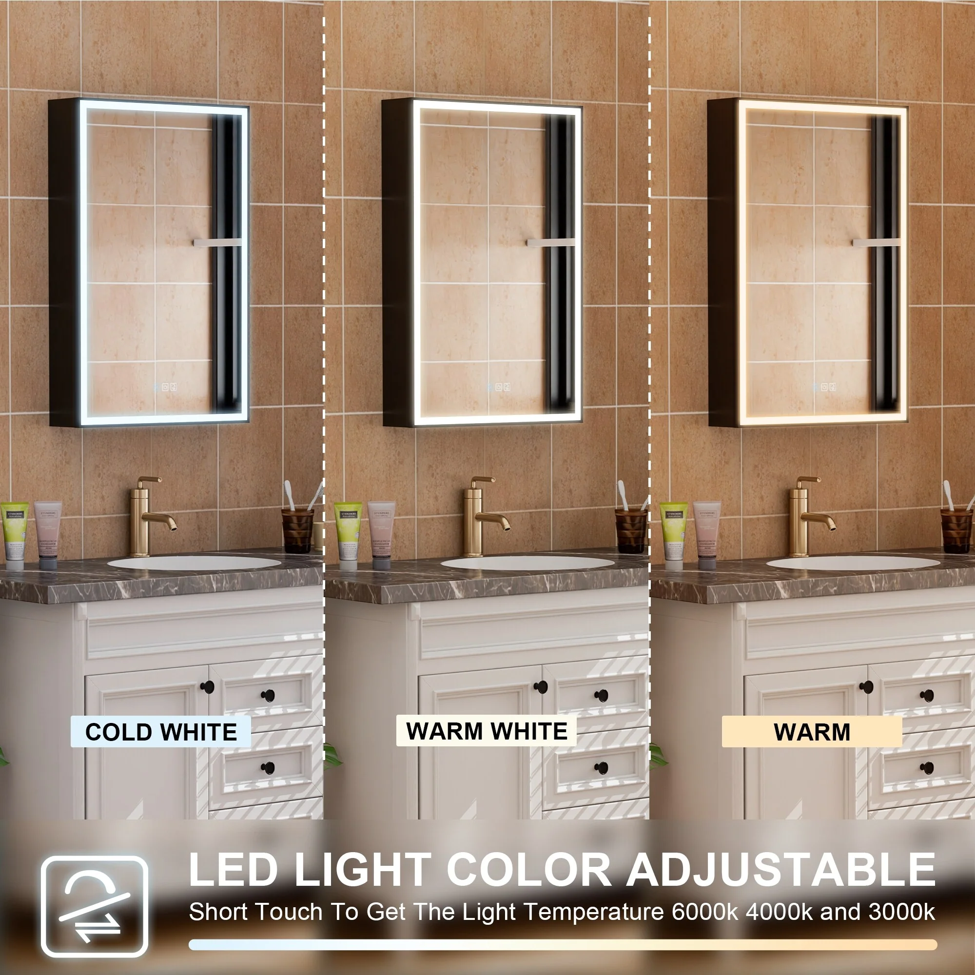 30'' H Recessed Or Surface Wall Mounted LED Mirror Cabinet With Mirror And Adjustable Shelves,Black Frame