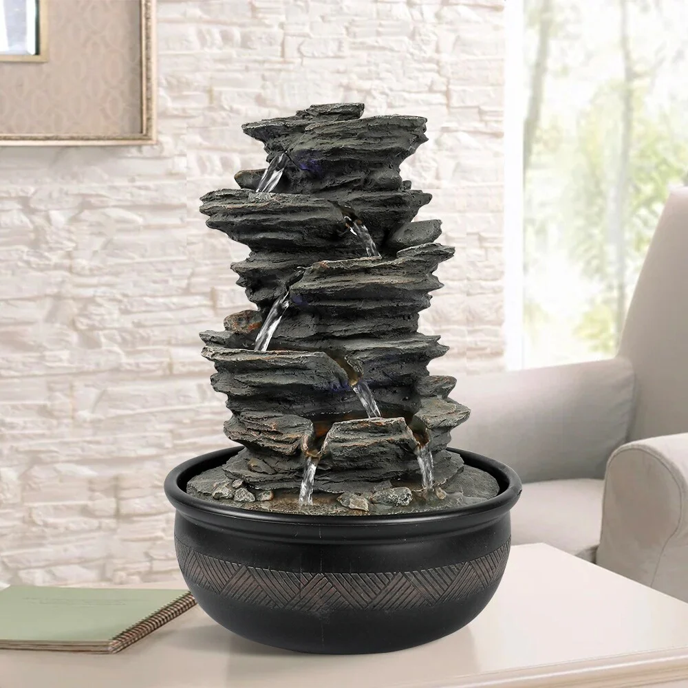 15.7 inches High Rock Falls Tabletop Water Fountain with LED Lights