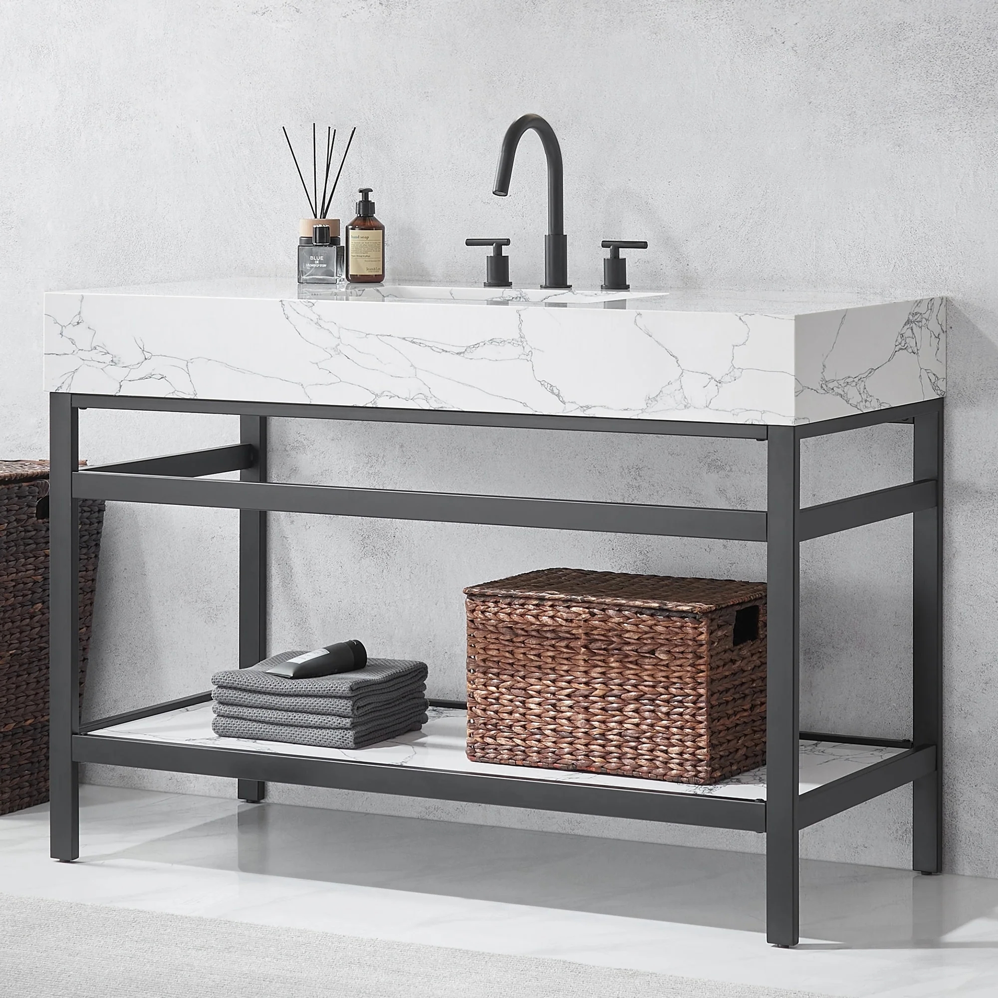 Ecija Bath Vanity, Metal Support with Composite Stone Top, no Mirror