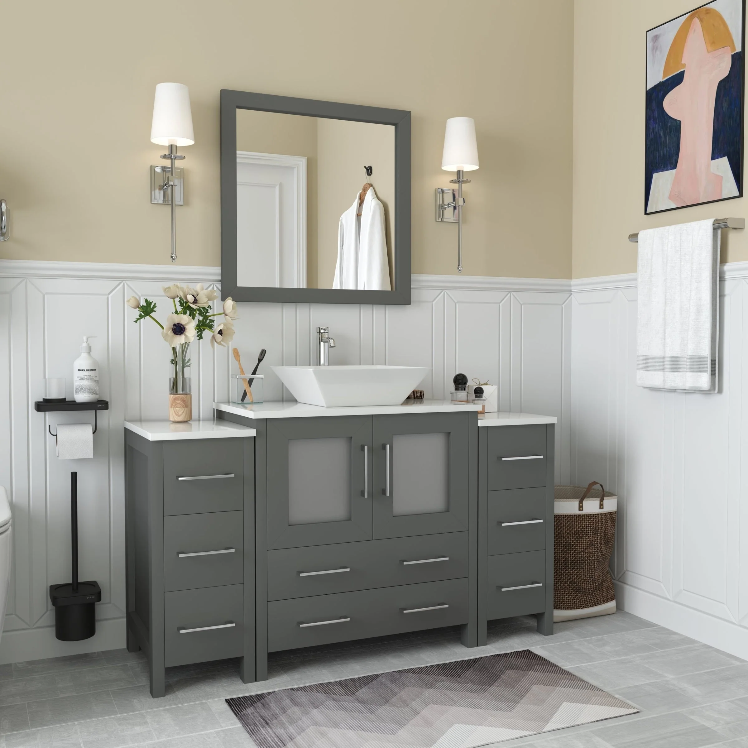 Vanity Art 54-inch Single Sink Bathroom Vanity Set with Engineered Marble Top and Free Mirror - 54 x 18.5 x 36 Inches