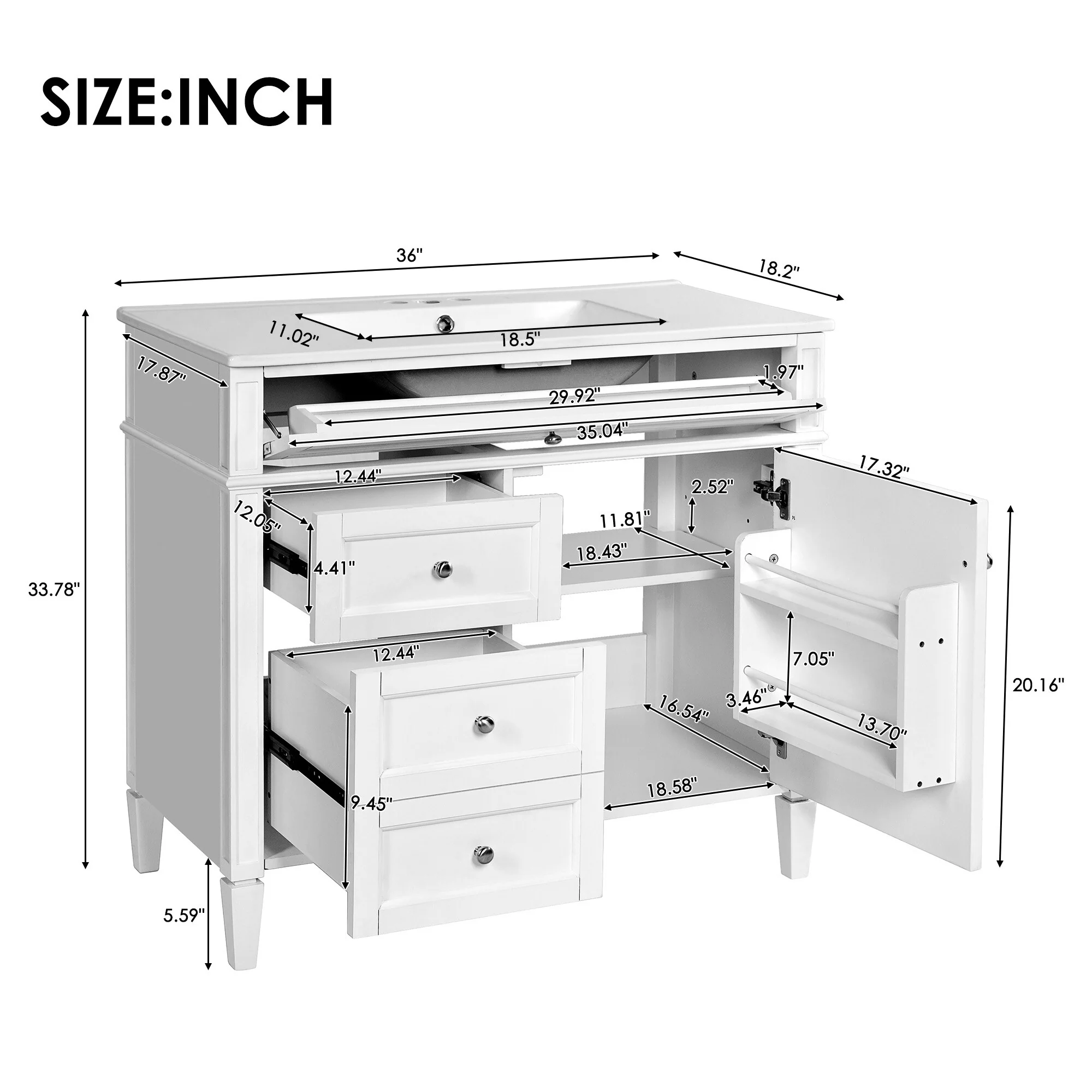 Bathroom Vanity with Single Sink, Bathroom Vanities with 2 Drawers, Bathroom Storage Cabinet with 1 Tip-Out Drawer and 1 Door