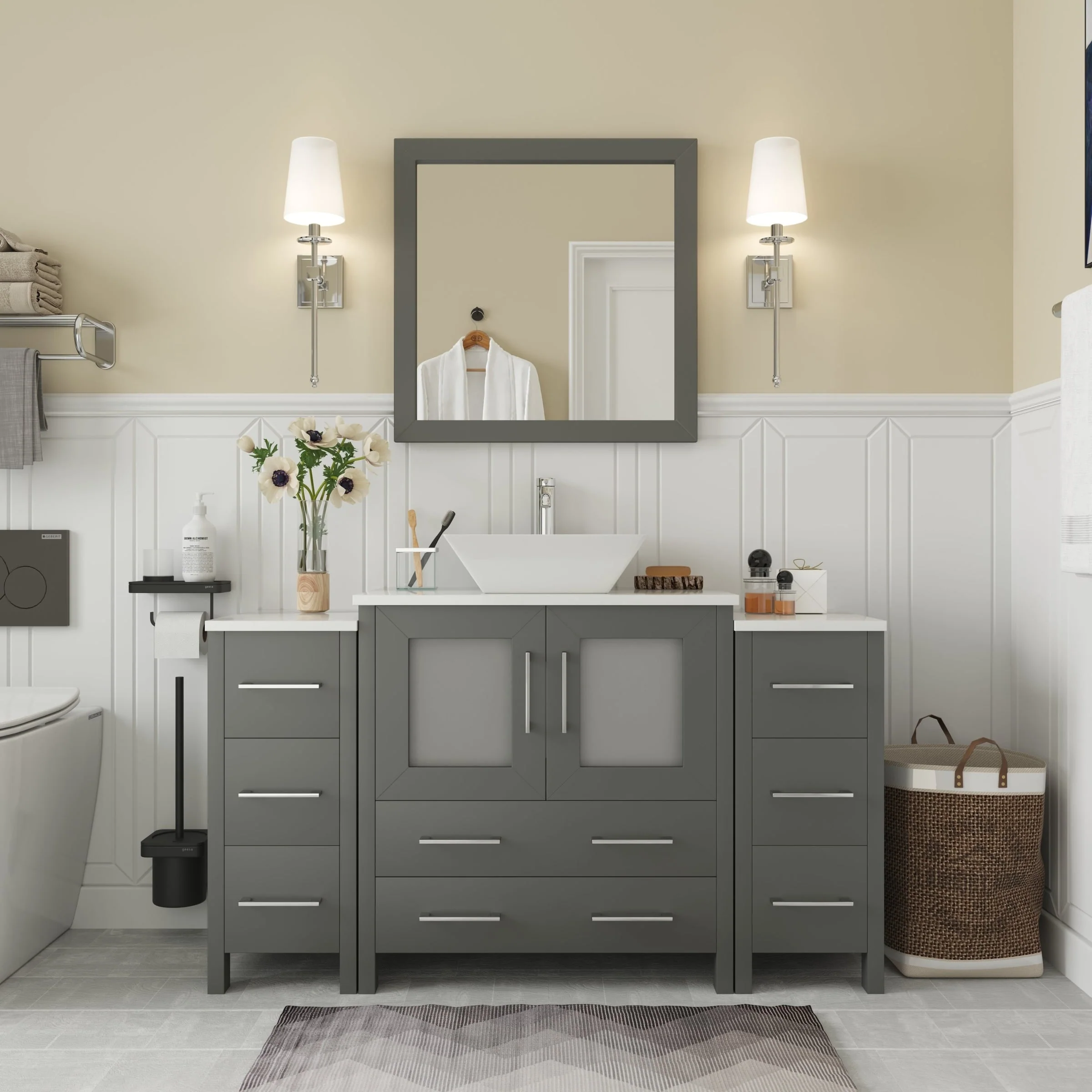 Vanity Art 54-inch Single Sink Bathroom Vanity Set with Engineered Marble Top and Free Mirror - 54 x 18.5 x 36 Inches