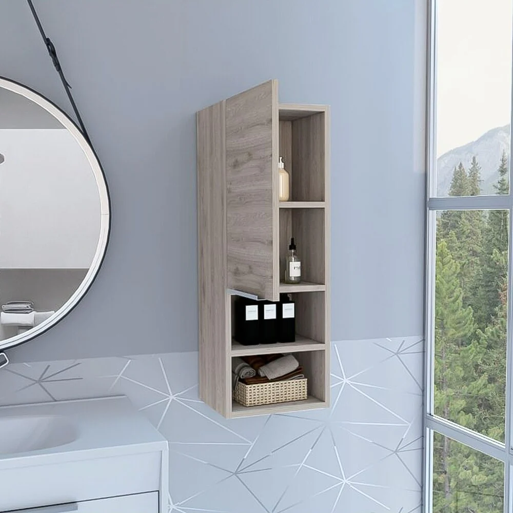 Modern Wood Medicine Cabinet, Compact Bathroom Medicine Cabinet with 1 Door and Open Shelves, 32.08 