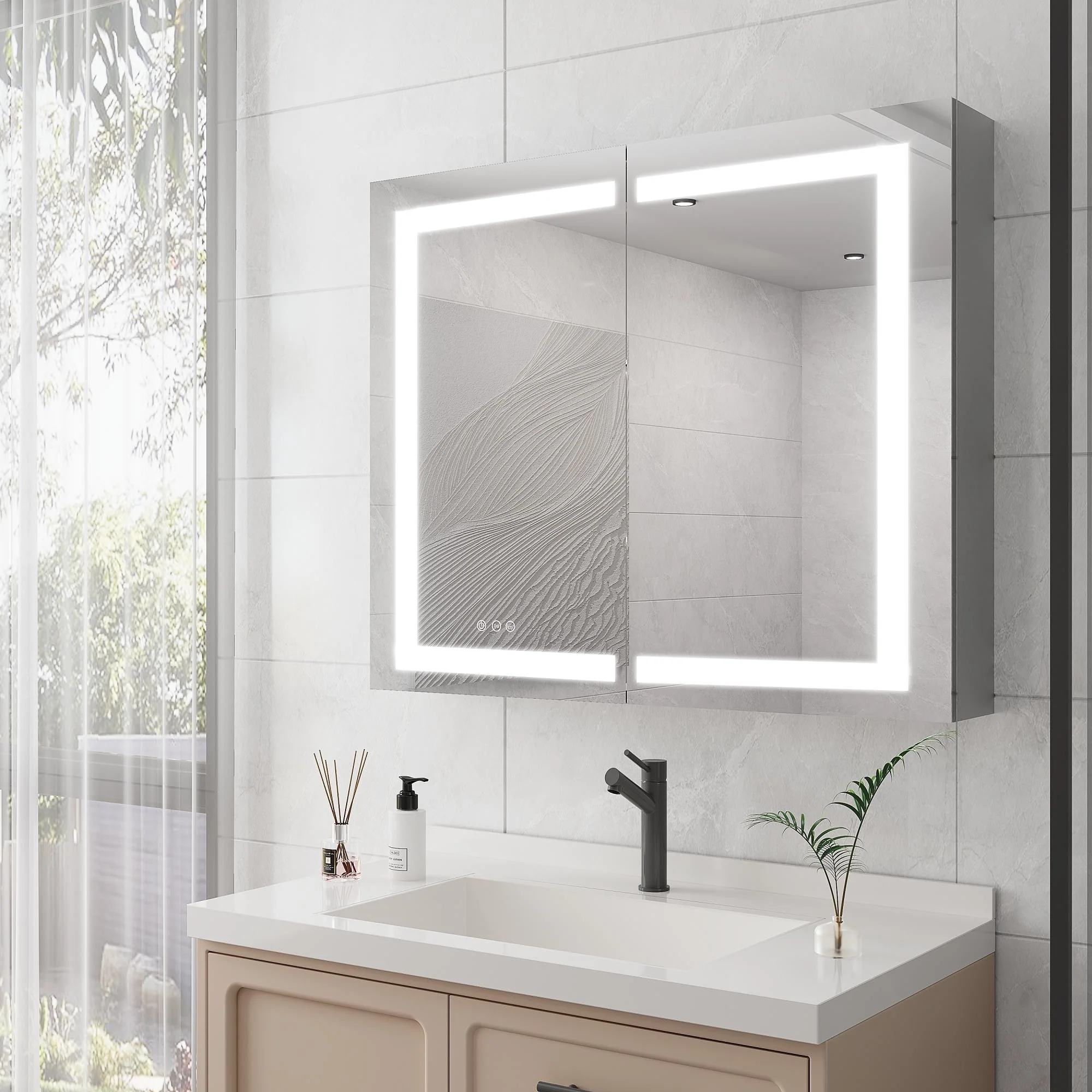 Bathroom Medicine Cabinet with Mirror Wall Mounted LED Bathroom Mirror Cabinet with Lights, Anti-Fog,Storage Shelves