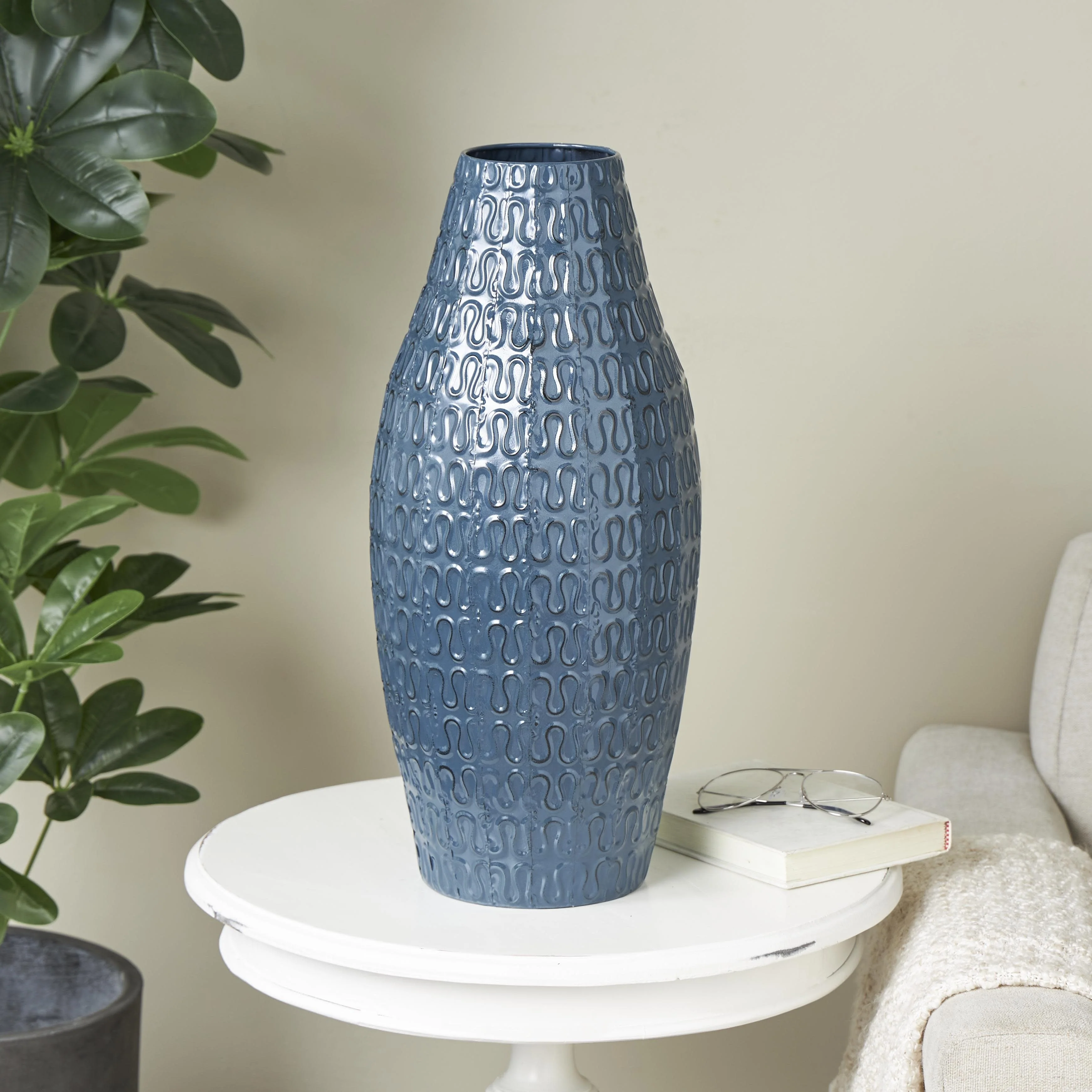 Metal Dimensional Textured Decorative Vase with Wavy Pattern - Dark Blue - Roche River Decor