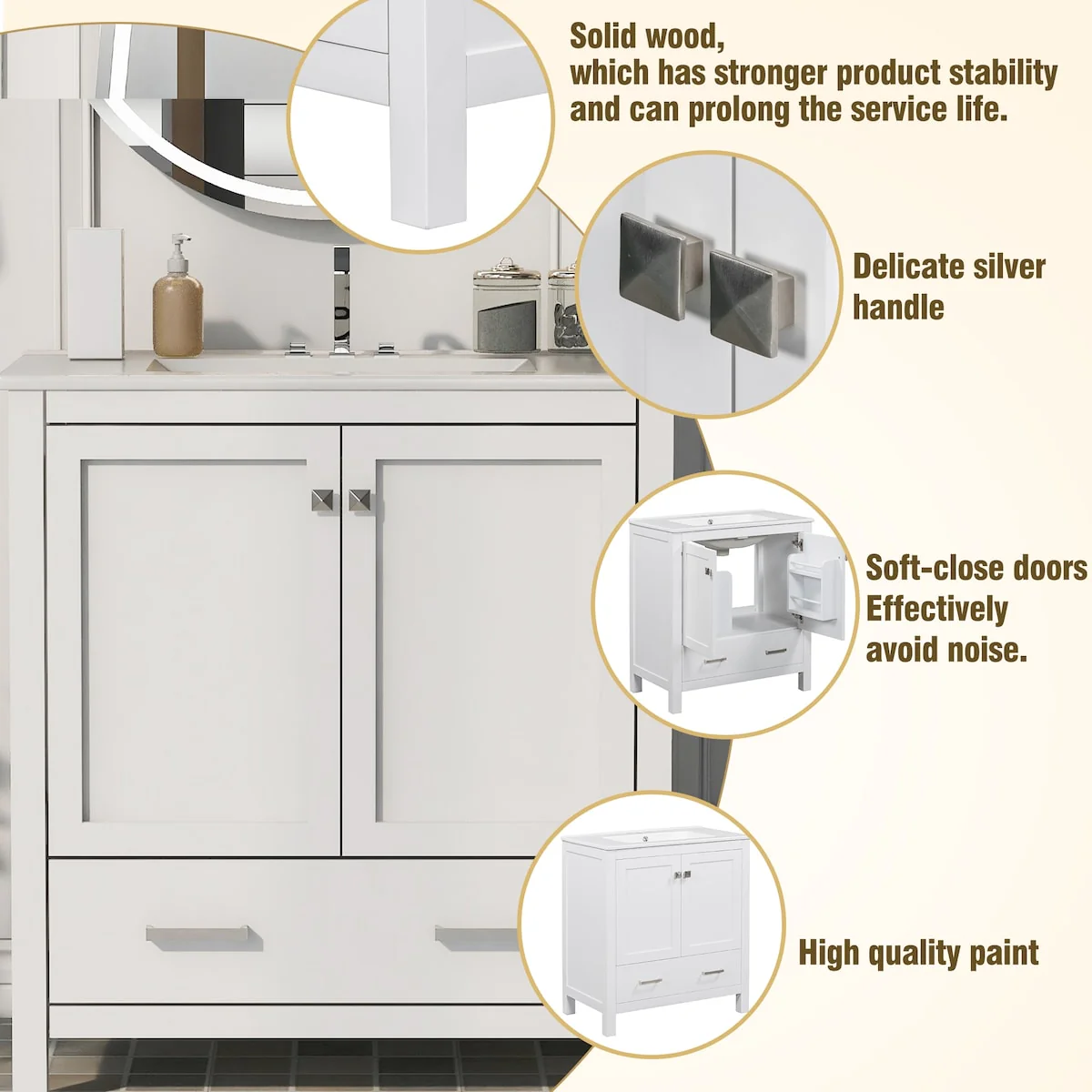 Bathroom Vanity with Single Sink, 2 Soft Closing Doors and 1 Drawer