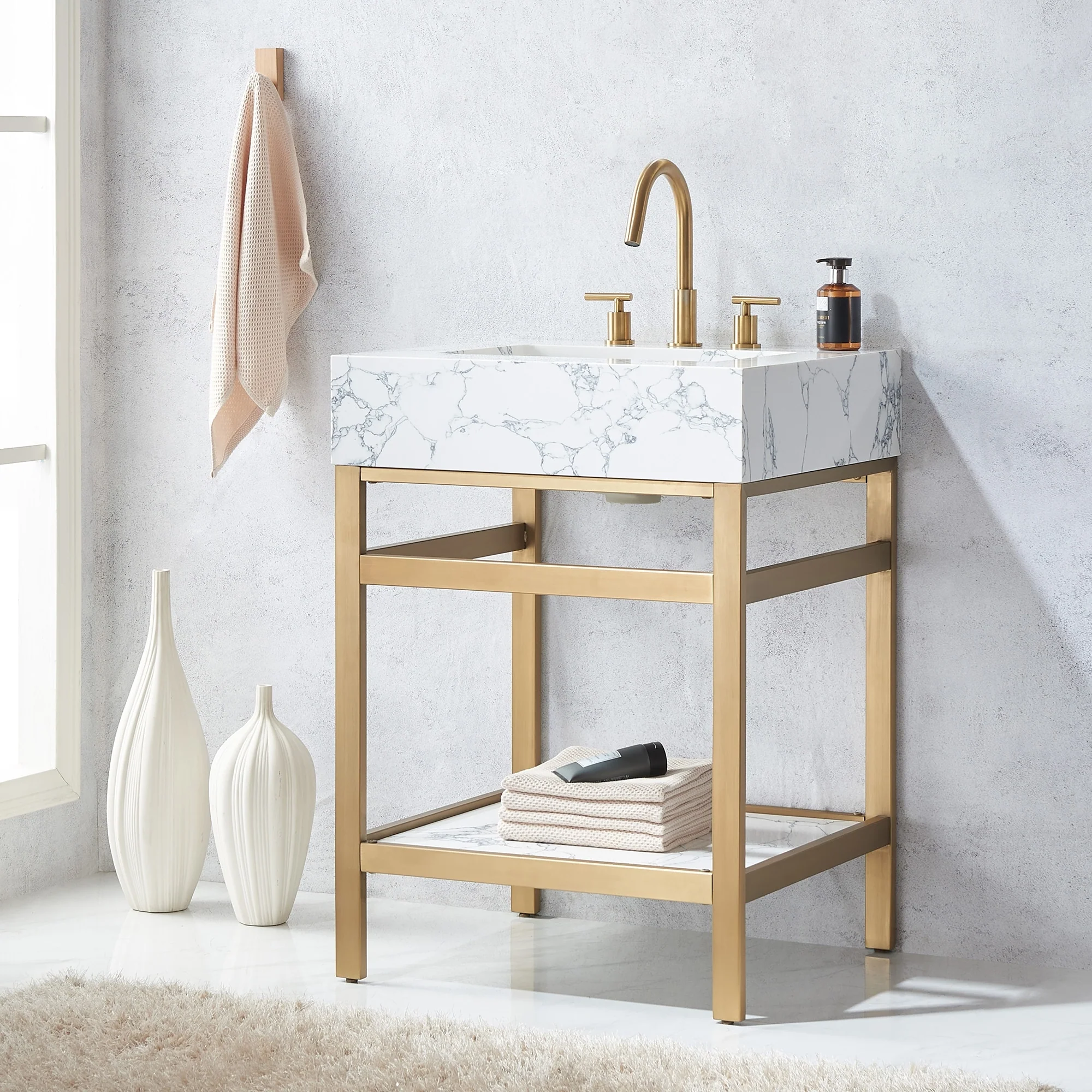 Ecija Bath Vanity, Metal Support with Composite Stone Top, no Mirror