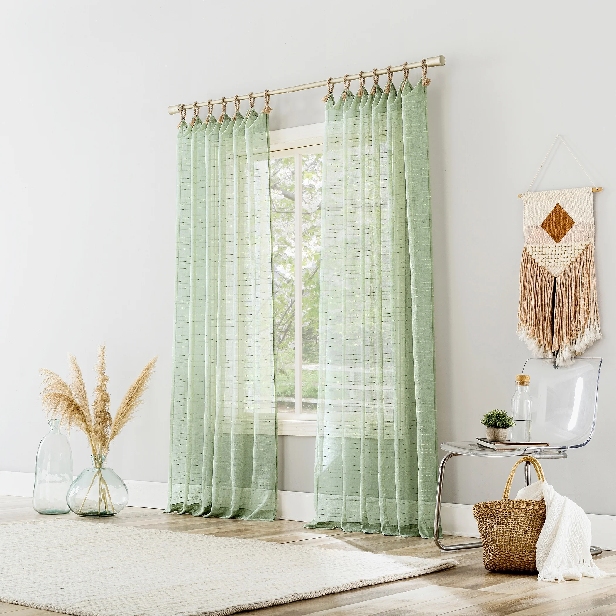 No. 918 Noemi Slub Stripe Rope Tab Semi-Sheer Tie Top Curtain Panel, Single Panel
