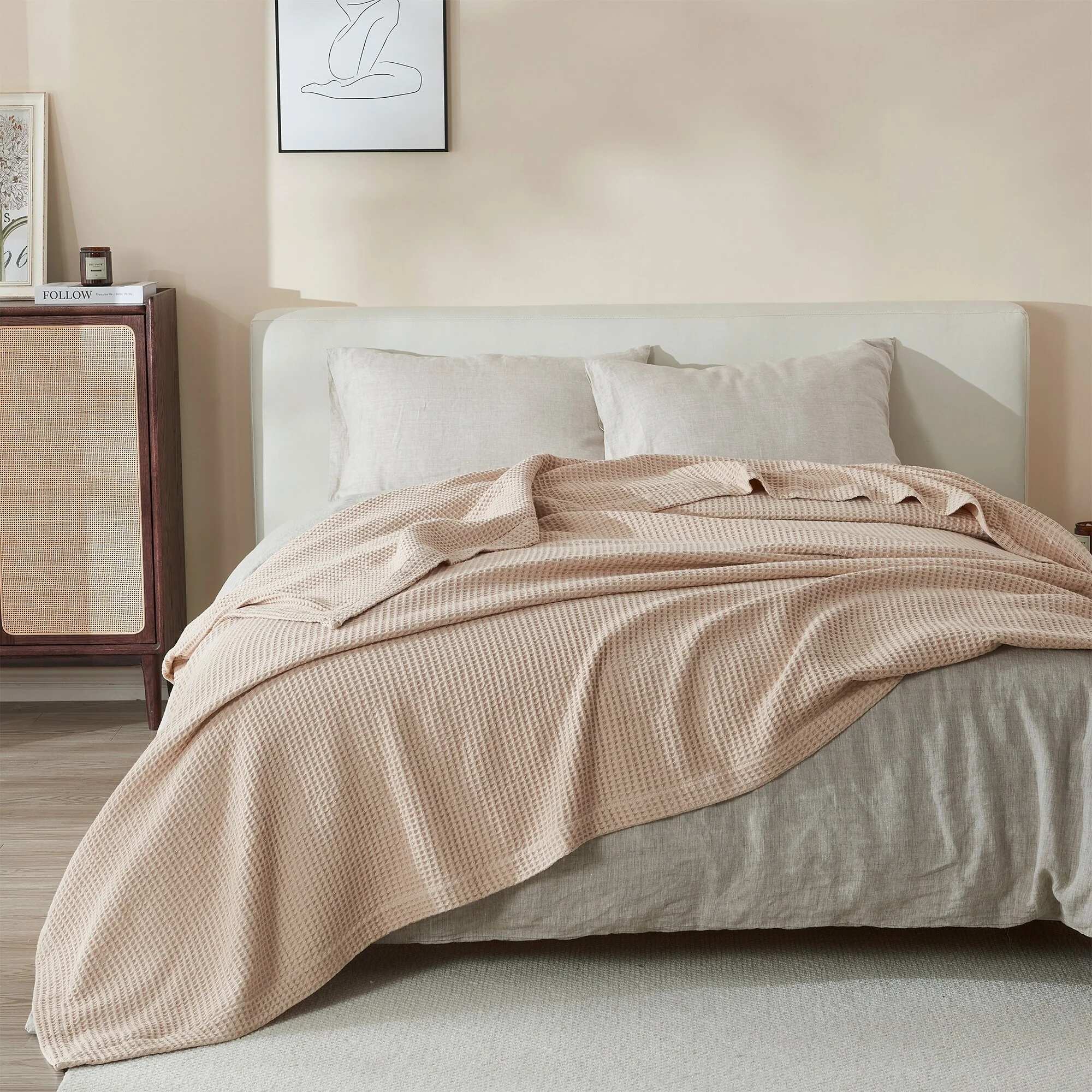 Linery & Co. 100% Cotton All-Season Lightweight Waffle Weave Knit Throw Blanket