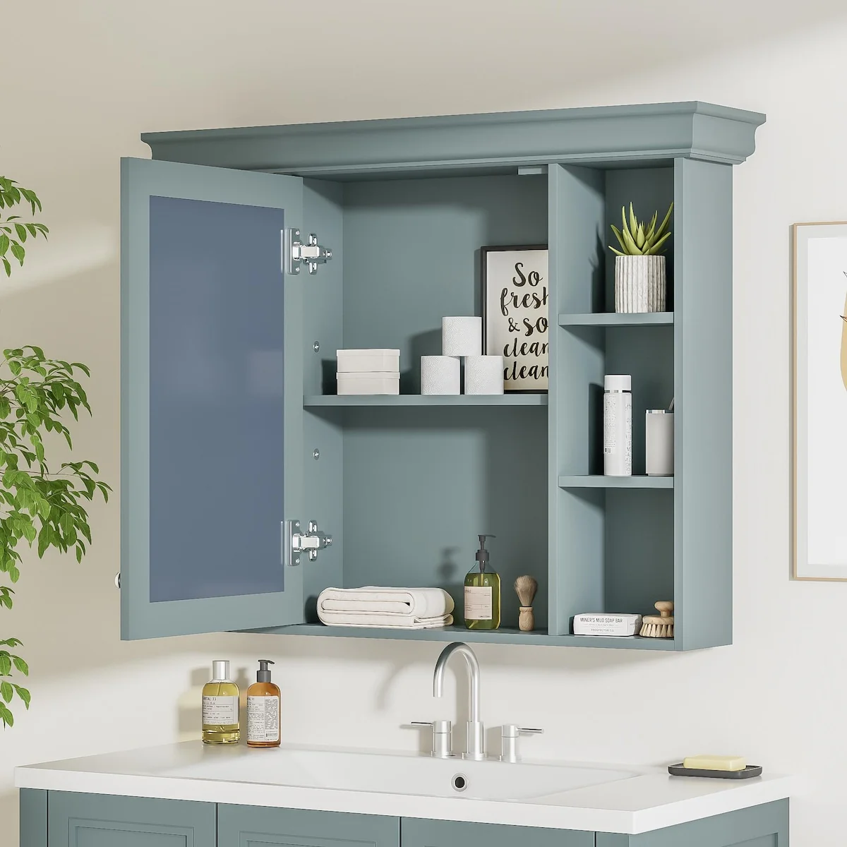 Modern Wall Mounted Bathroom Medicine Cabinet with Mirror Door & 6 Open Shelves