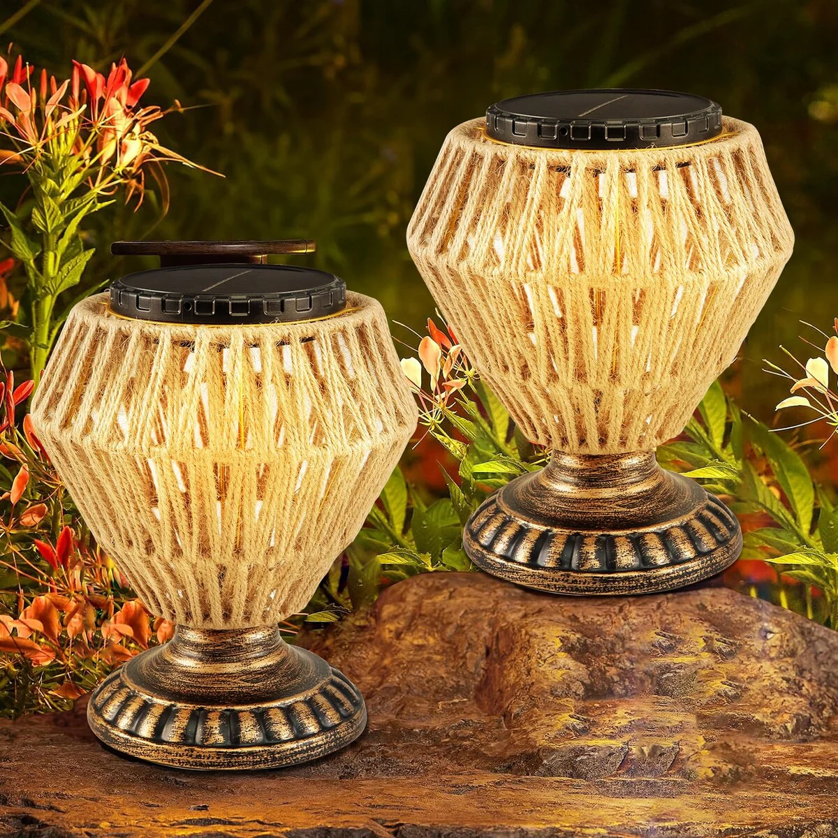 Retro Outdoor Indoor Waterproof Solar Power Lamp Handmade Woven Led Light