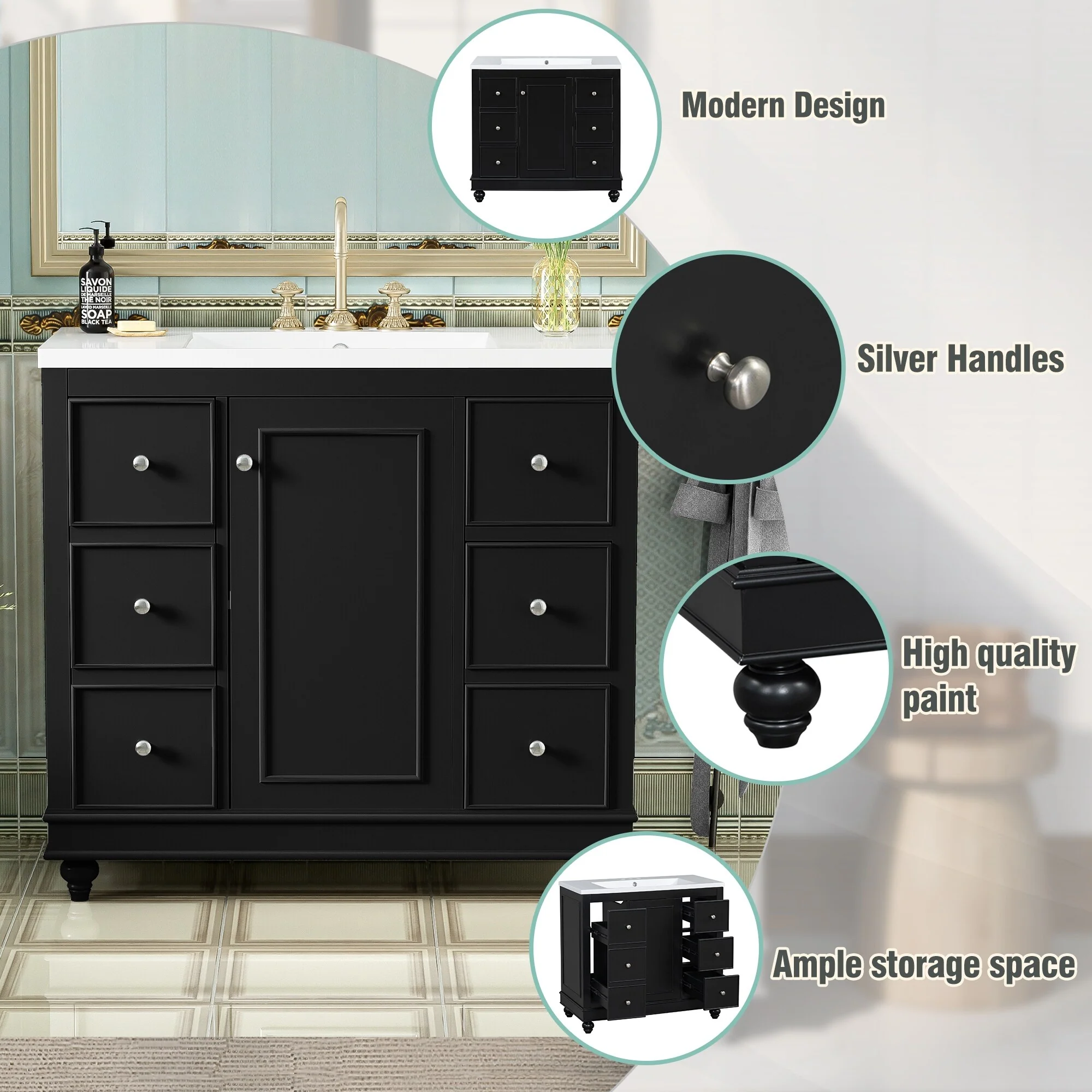 Bathroom Vanity with Sink, Bathroom Vanity Cabinet with 4 Drawers and 1 Door, Storage Cabinet with Adjustable Shelves