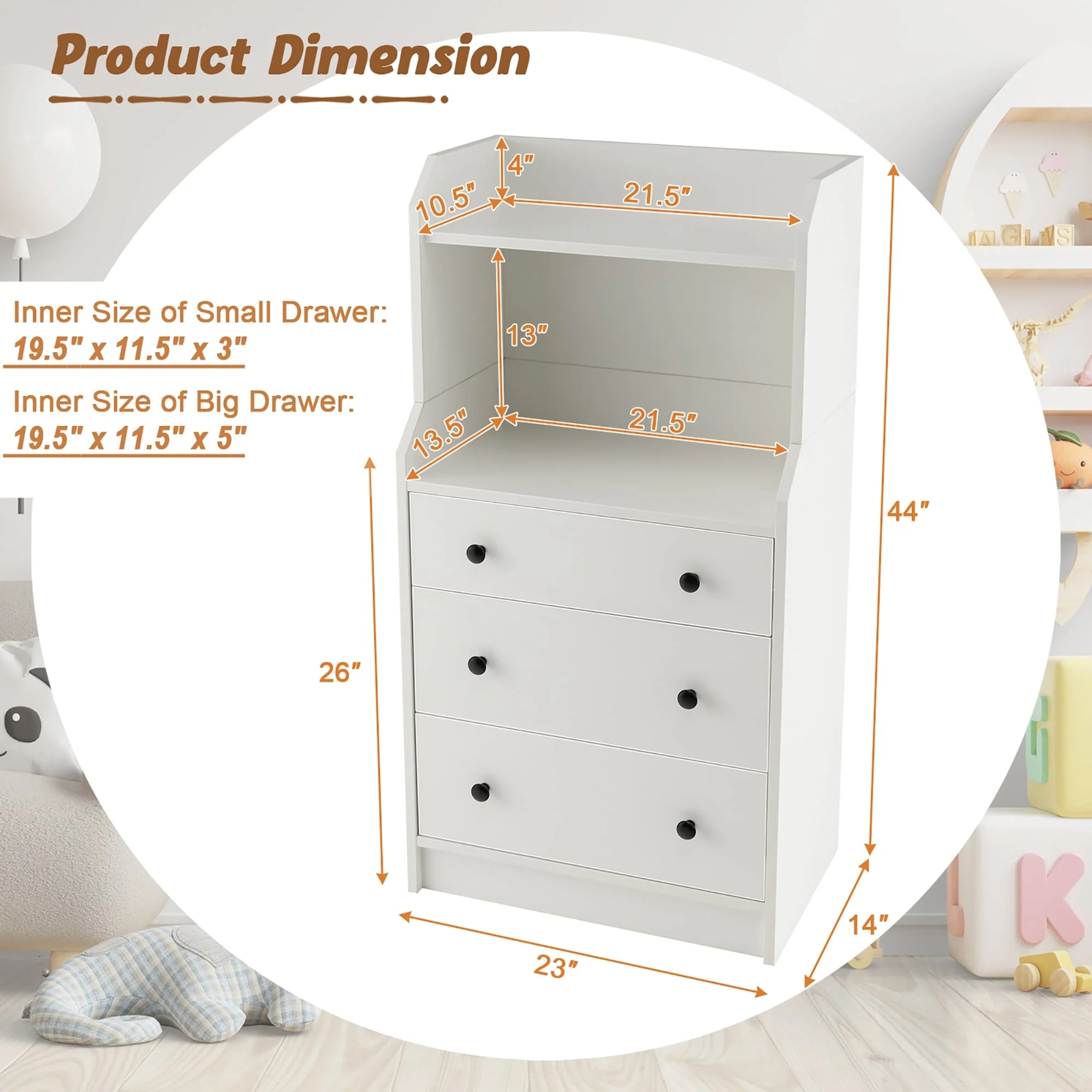 Gymax 3-Drawer Dresser 44'' Tall Wood Storage Organizer Chest w/ 2