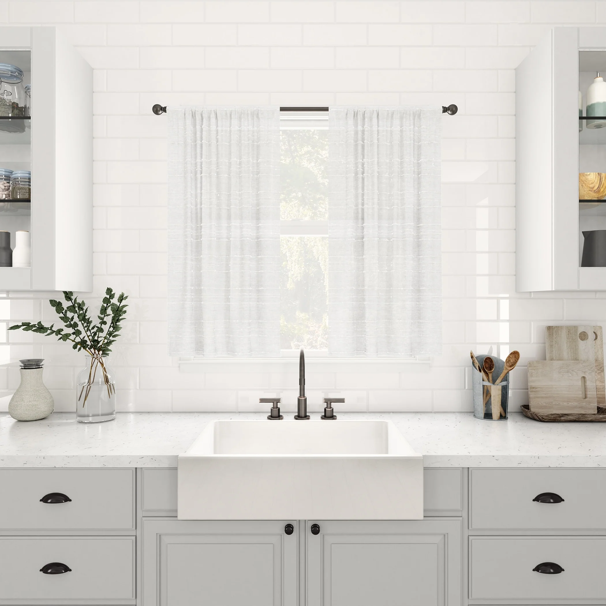 Clean Window Textured Slub Stripe Anti-Dust Linen Blend Sheer Cafe Curtain Pair