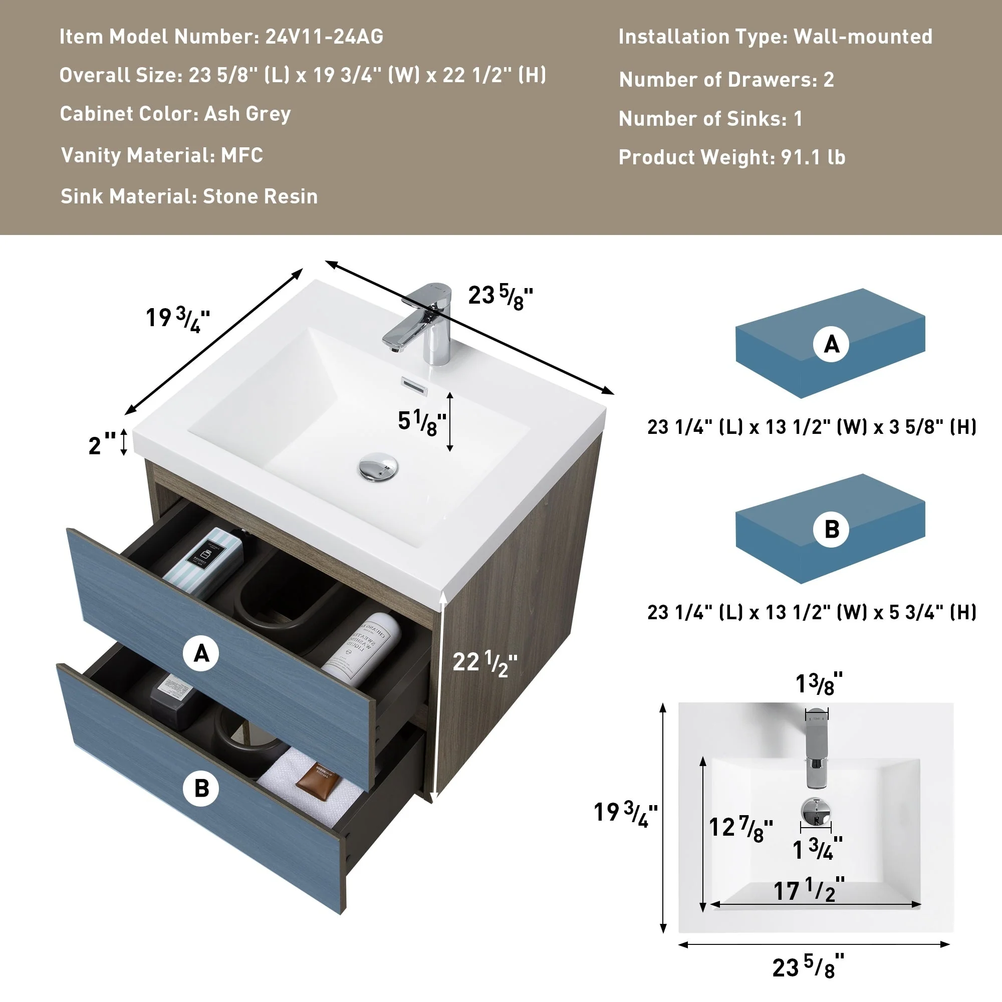 MDF Floating Bathroom Vanity with Integrated Resin Sink
