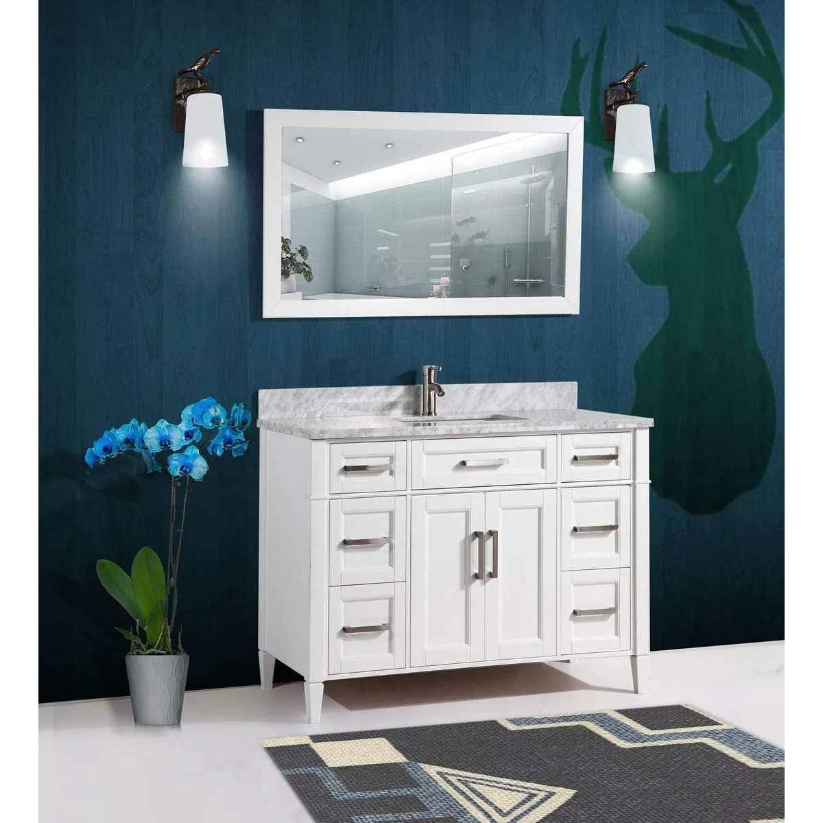 Vanity Art 60-Inch Single Sink Bathroom Vanity Set Carrara Marble Stone Top 7 Drawers 1 Shelf Undermount Sink with Free Mirror