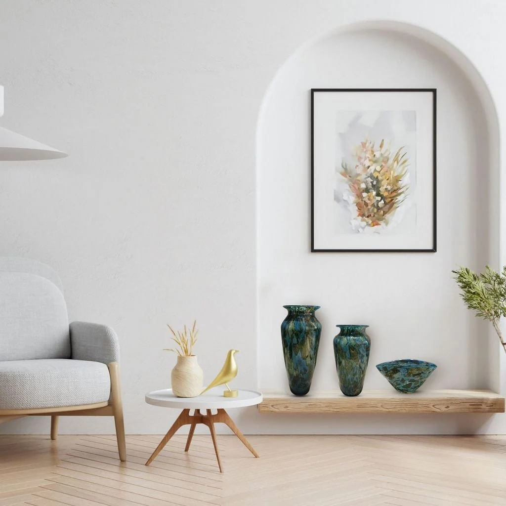 Set of Three Teal and Olive Green Handblown Glass Bowl and Two Vases