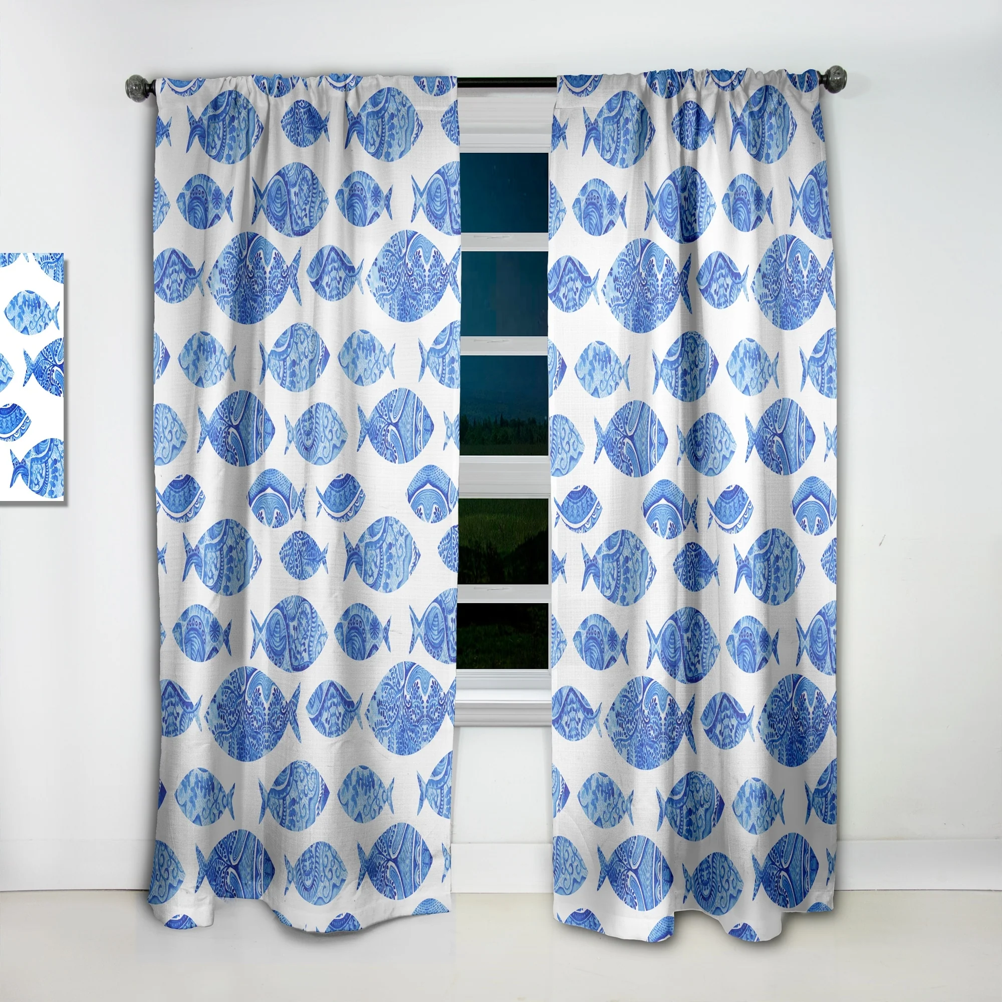 Designart 'Seamless pattern with fishes' Nautical Blackout Curtain Single Panel