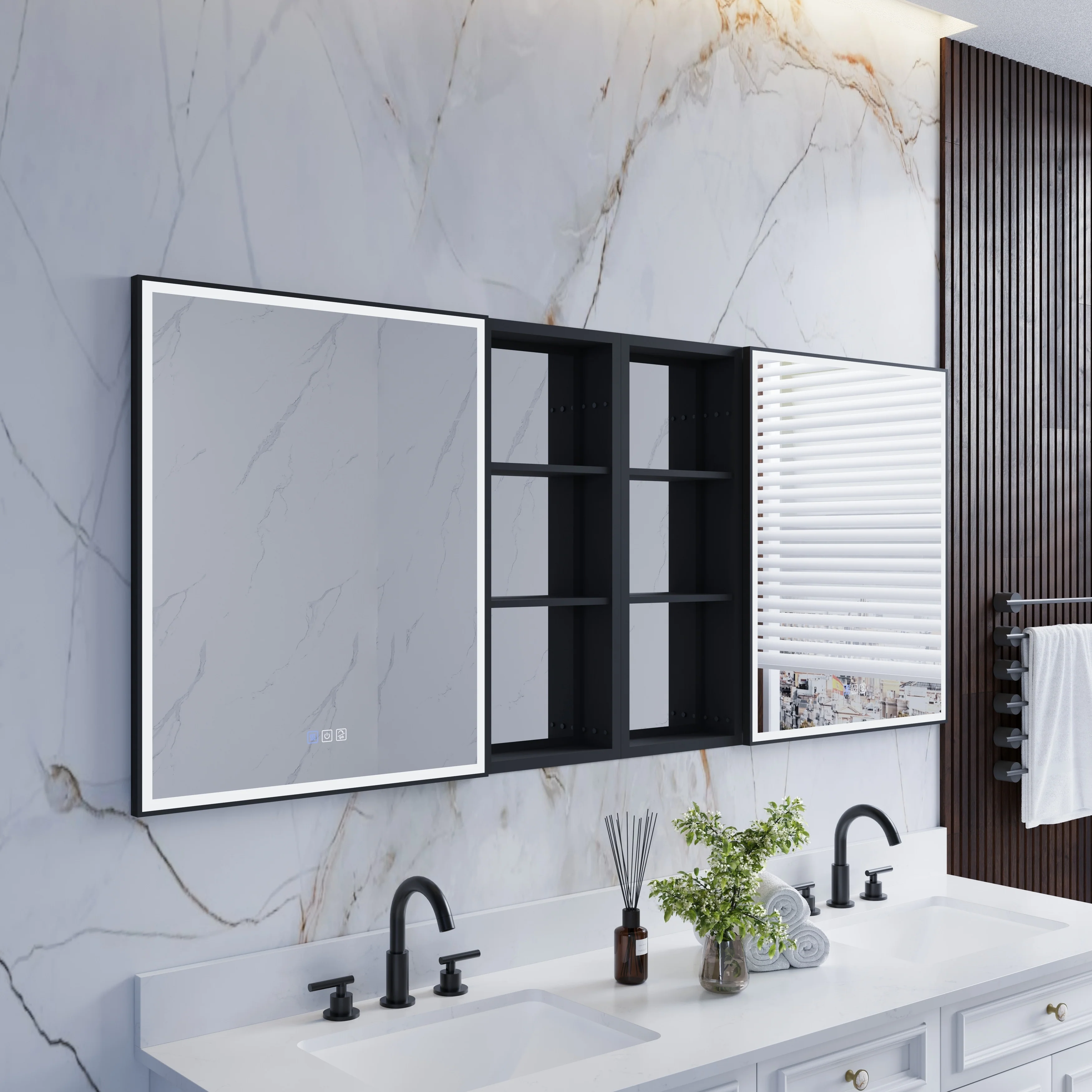 30 in. H Recessed or Surface Wall Mounted LED Mirror Cabinet With Black Side Cabinet