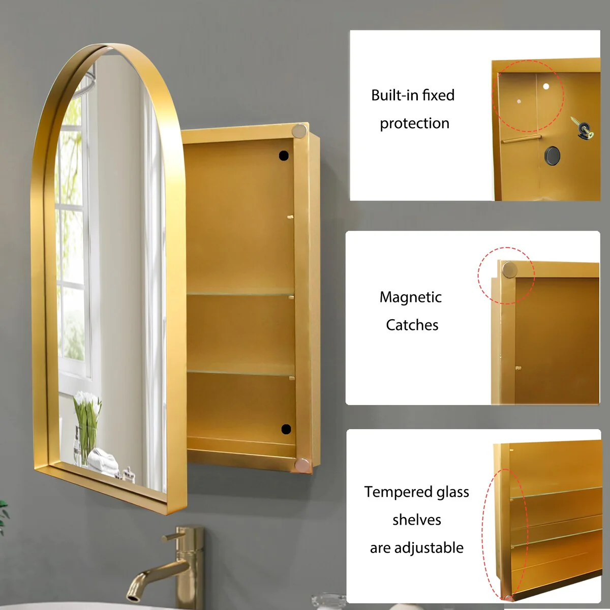 24x36 Inch Arched Recessed Medicine Cabinet, Metal Framed Bathroom Wall Storage Cabinet with Mirror and Adjustable Shelves