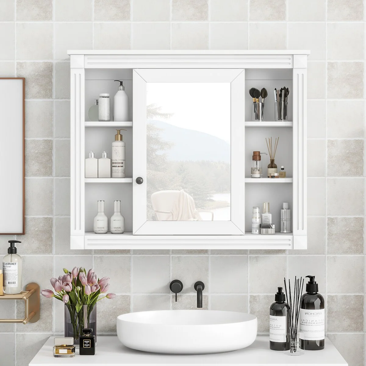 Wall Mounted Bathroom Storage Cabinet,Wall Cabinet with Mirror,Mirror Cabinet with 6 Open Shelves(Not Include Bathroom Vanity )