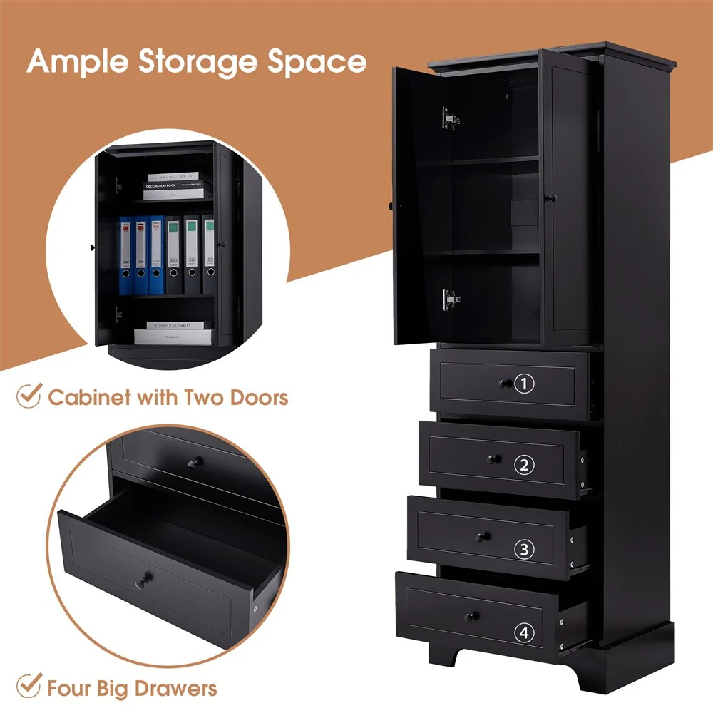 Wooden Storage Cabinet with 2 Doors and 4 Drawers, Adjustable Shelf