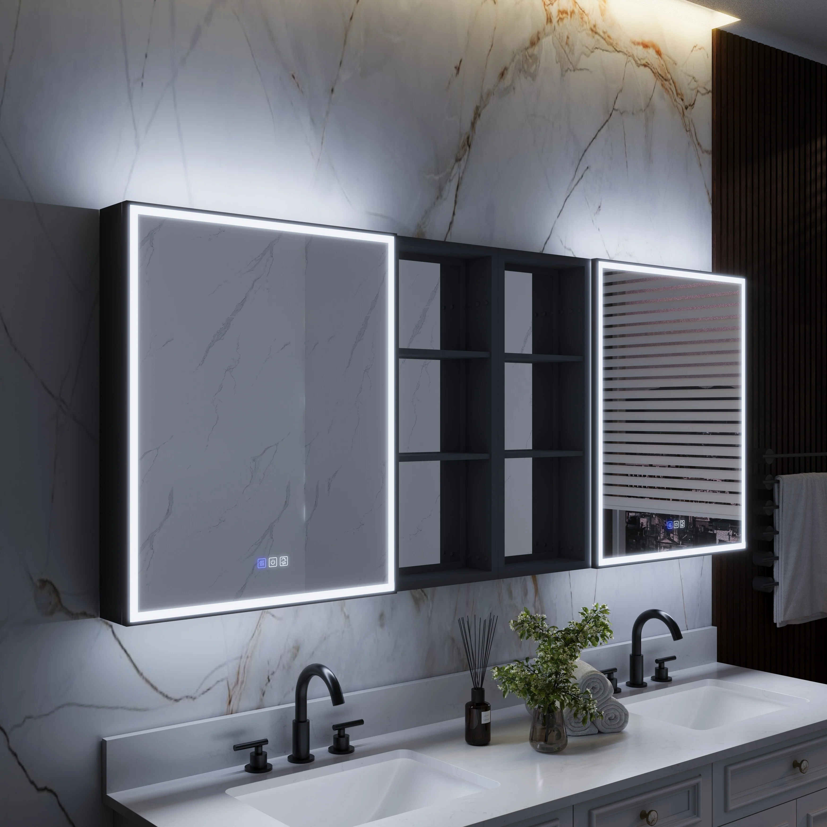 30 in. H Recessed or Surface Wall Mounted LED Mirror Cabinet With Black Side Cabinet