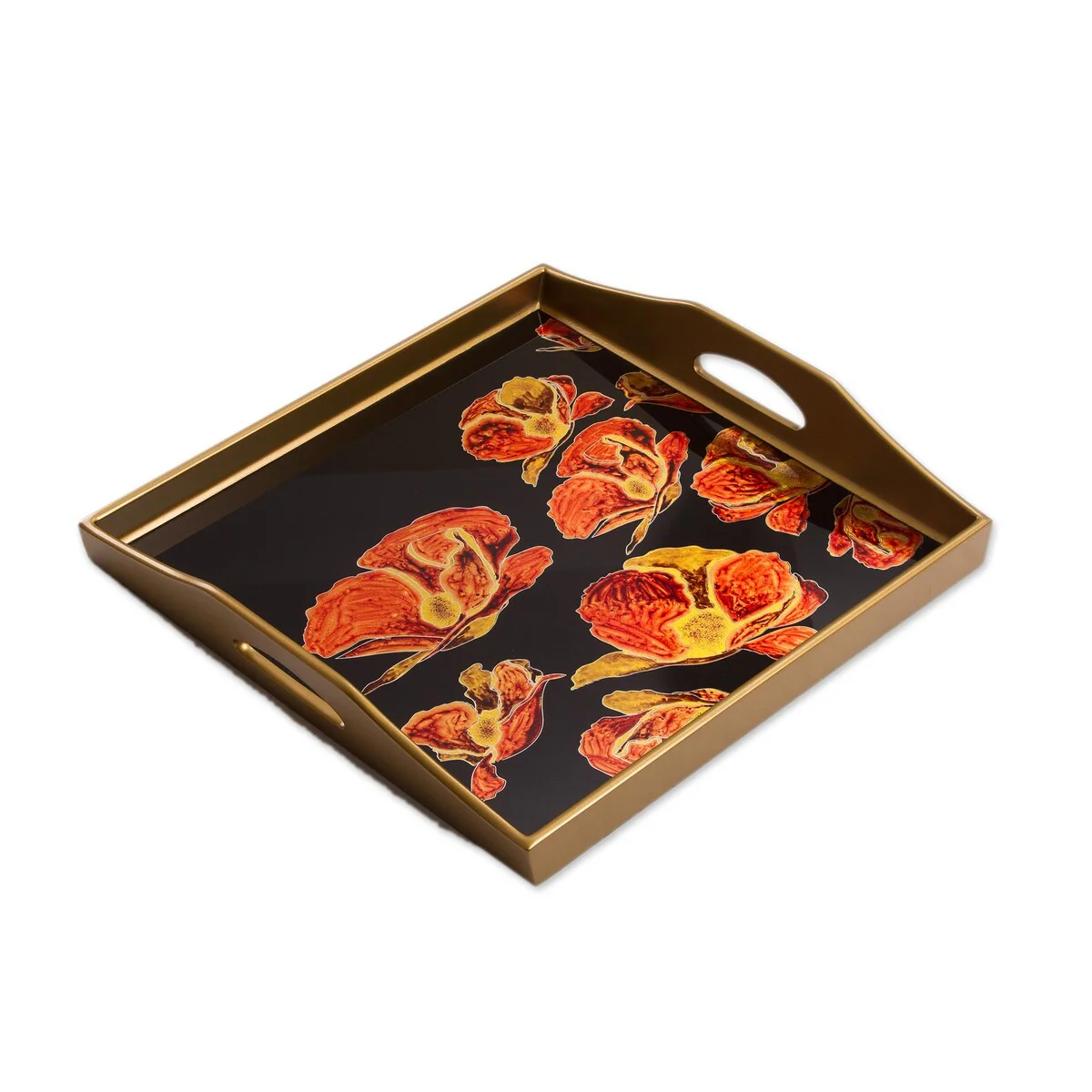 Novica Handmade Gleaming Poppies On Black Reverse Painted Glass Tray