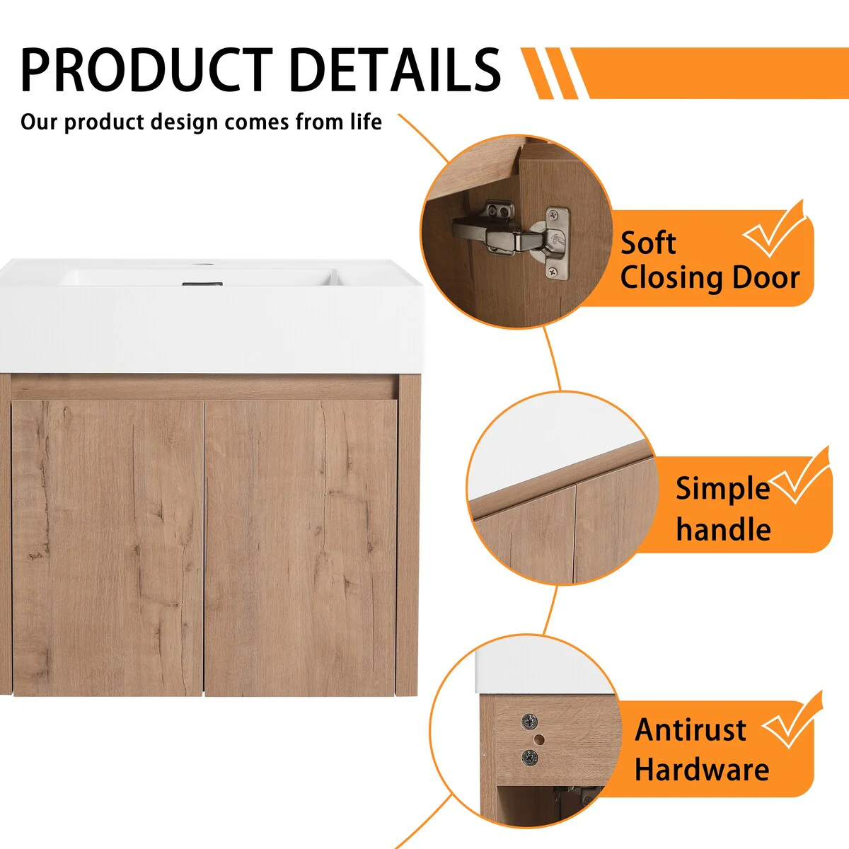 Bathroom Vanity With Sink In 24/30/36 Inch, Floating Bathroom Vanity with Soft Close Door