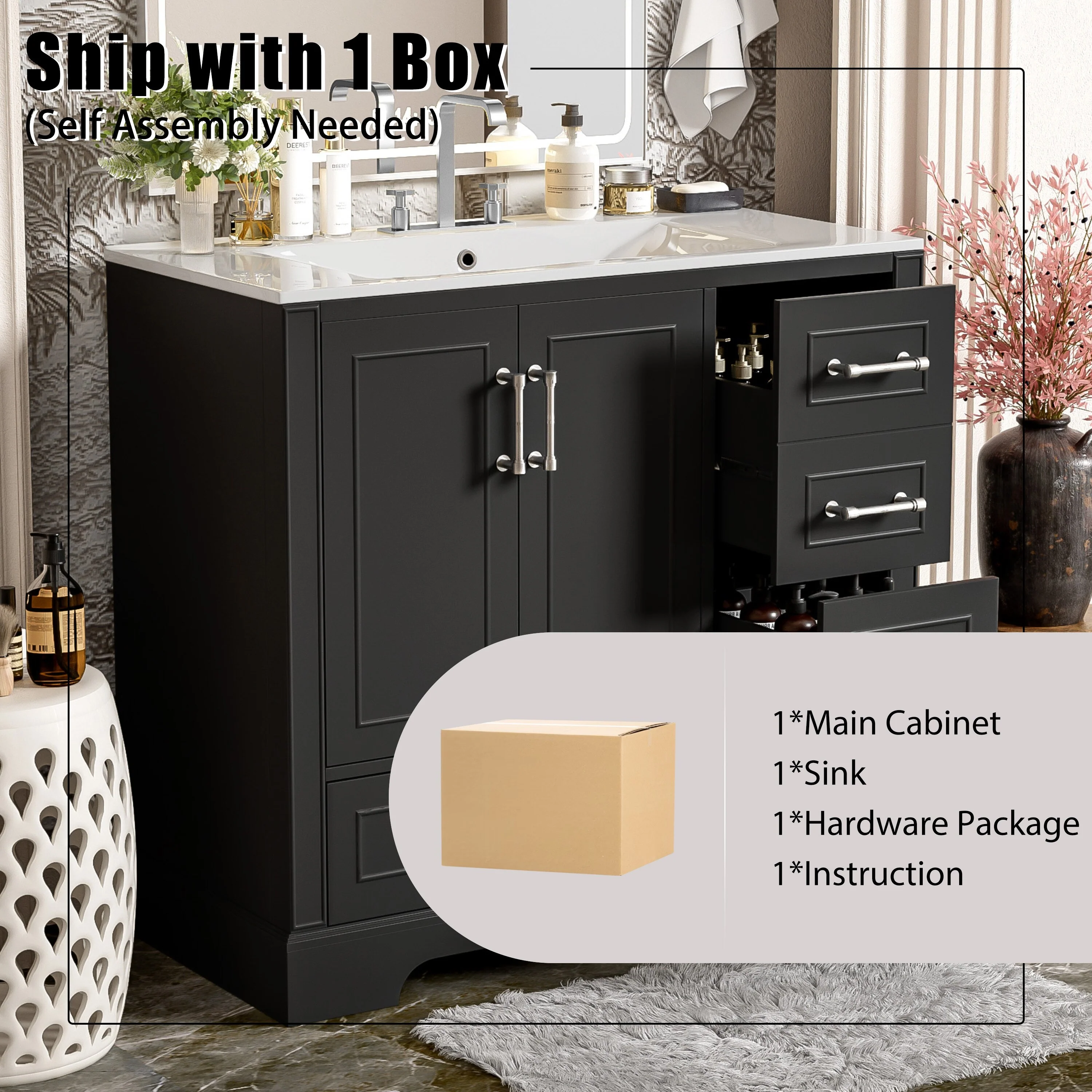Bathroom Vanity with Resin Sink, Bathroom Vanity Set with 4 Drawers, Bathroom Storage Cabinet with 2 Soft Close Doors