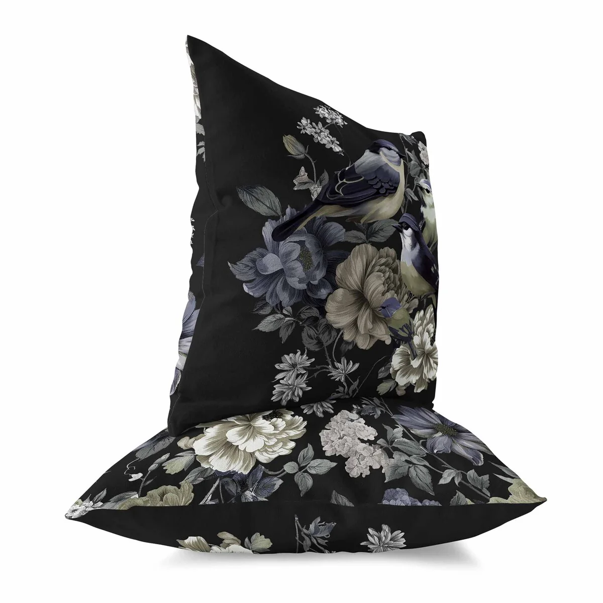 Black And Grey Petal Perched Birds Indoor/Outdoor Throw Pillow Zipper