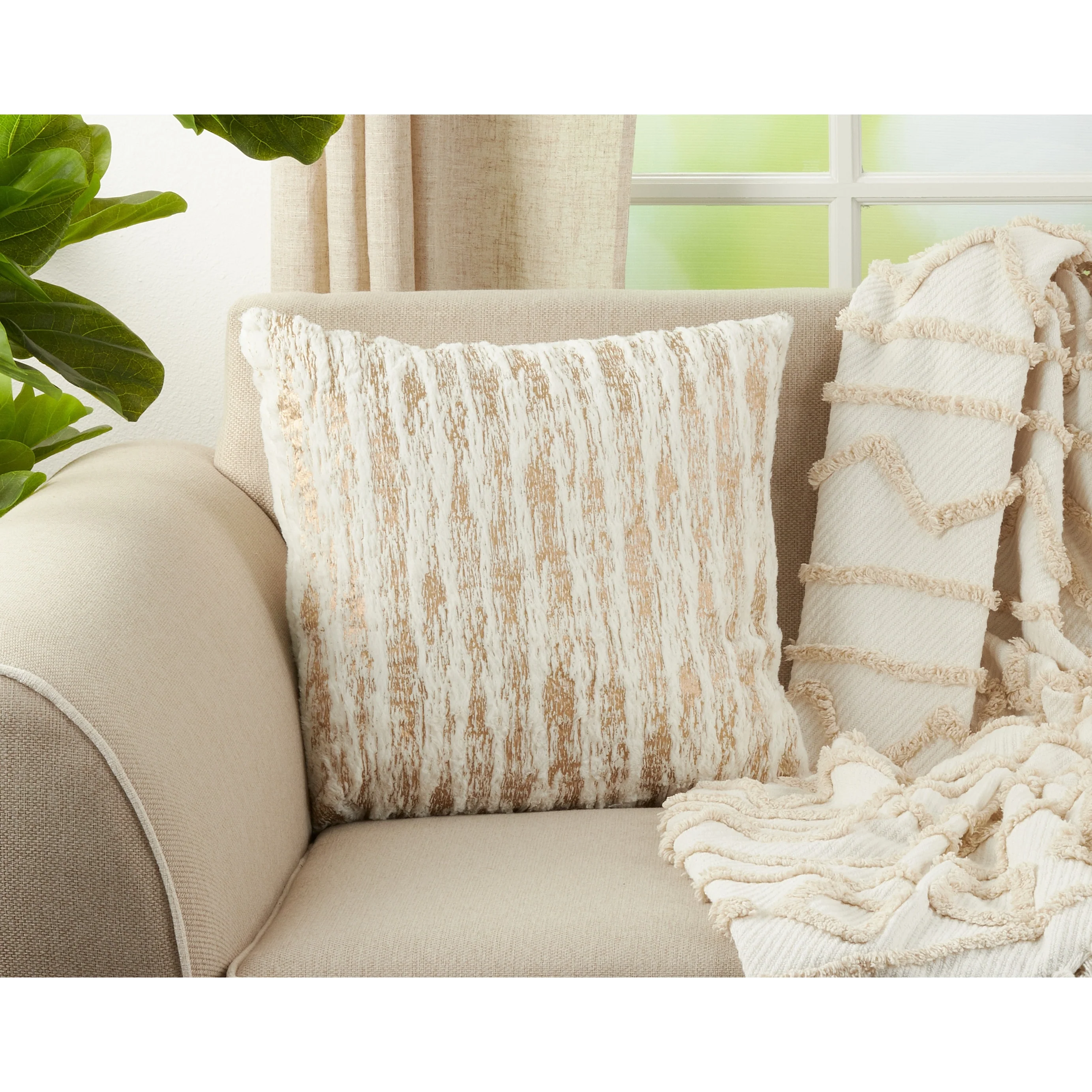 Faux Fur With Brushed Metallic Foil Print Down Filled Throw Pillow