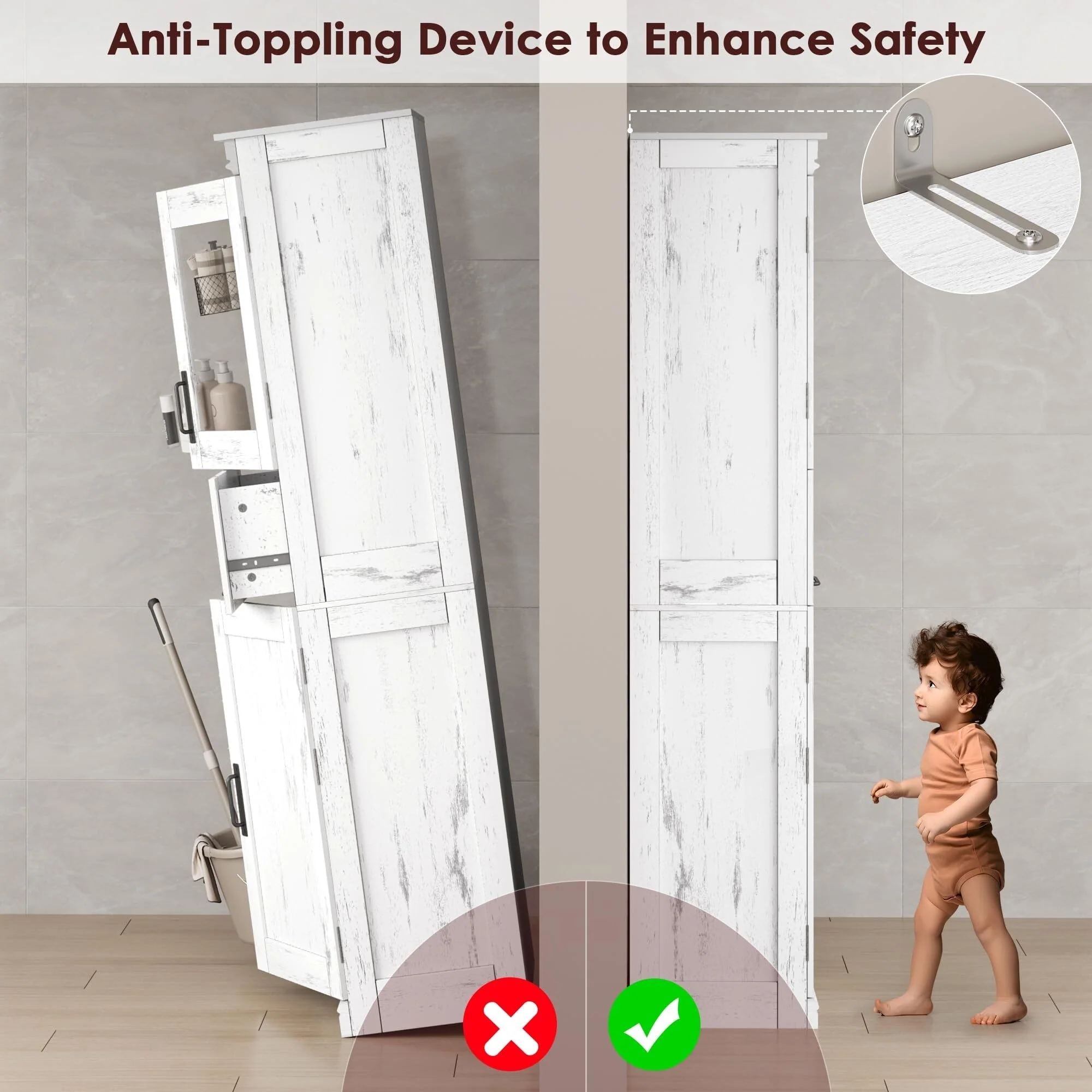 Bathroom Cabinet, Tall Kitchen Pantry Cabinet with Doors and Adjustable Shelf