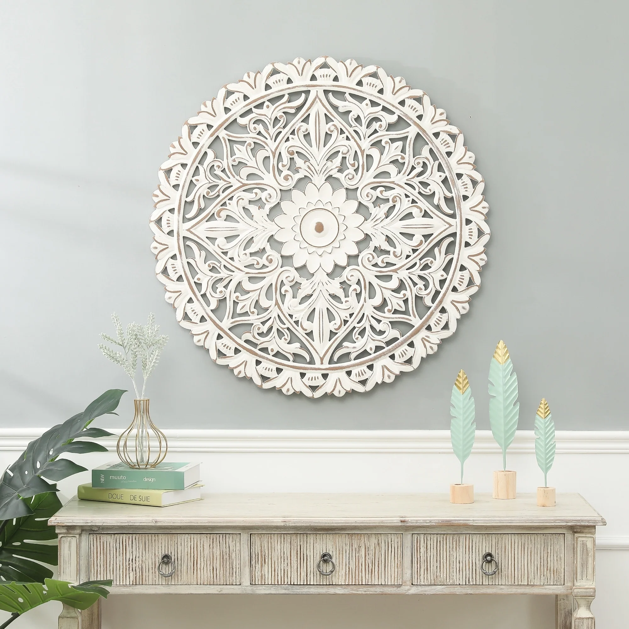 Distressed White Wood Flower Mandala 31.5
