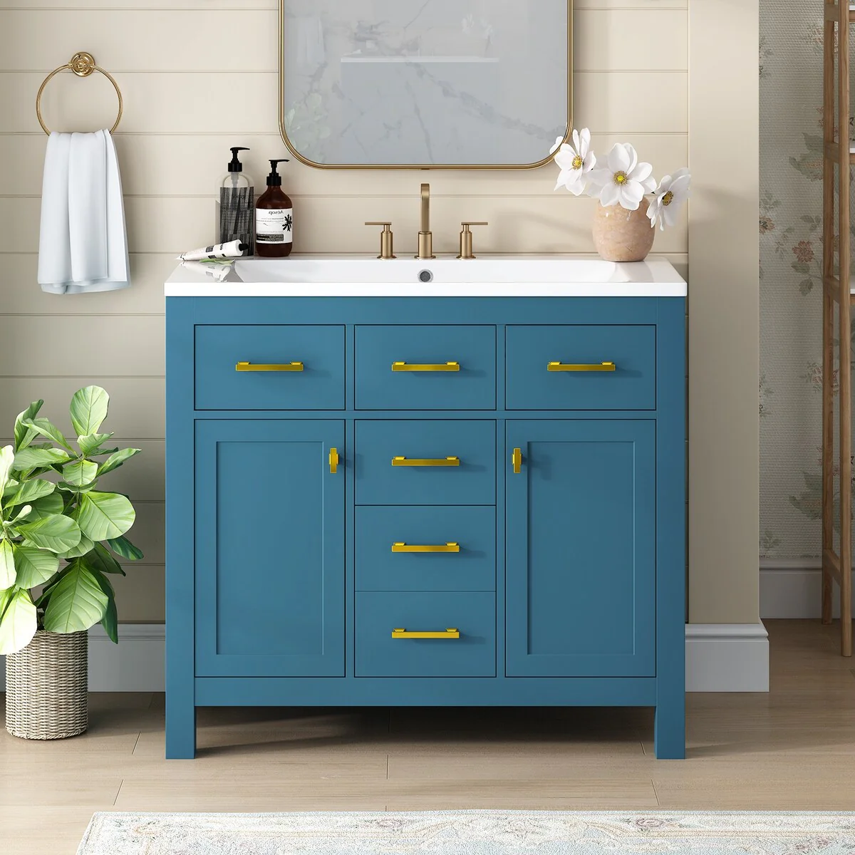 36 in. W x 18 in. D x 34 in. H Bathroom Vanity in Blue with White Resin Sink and Four Drawers