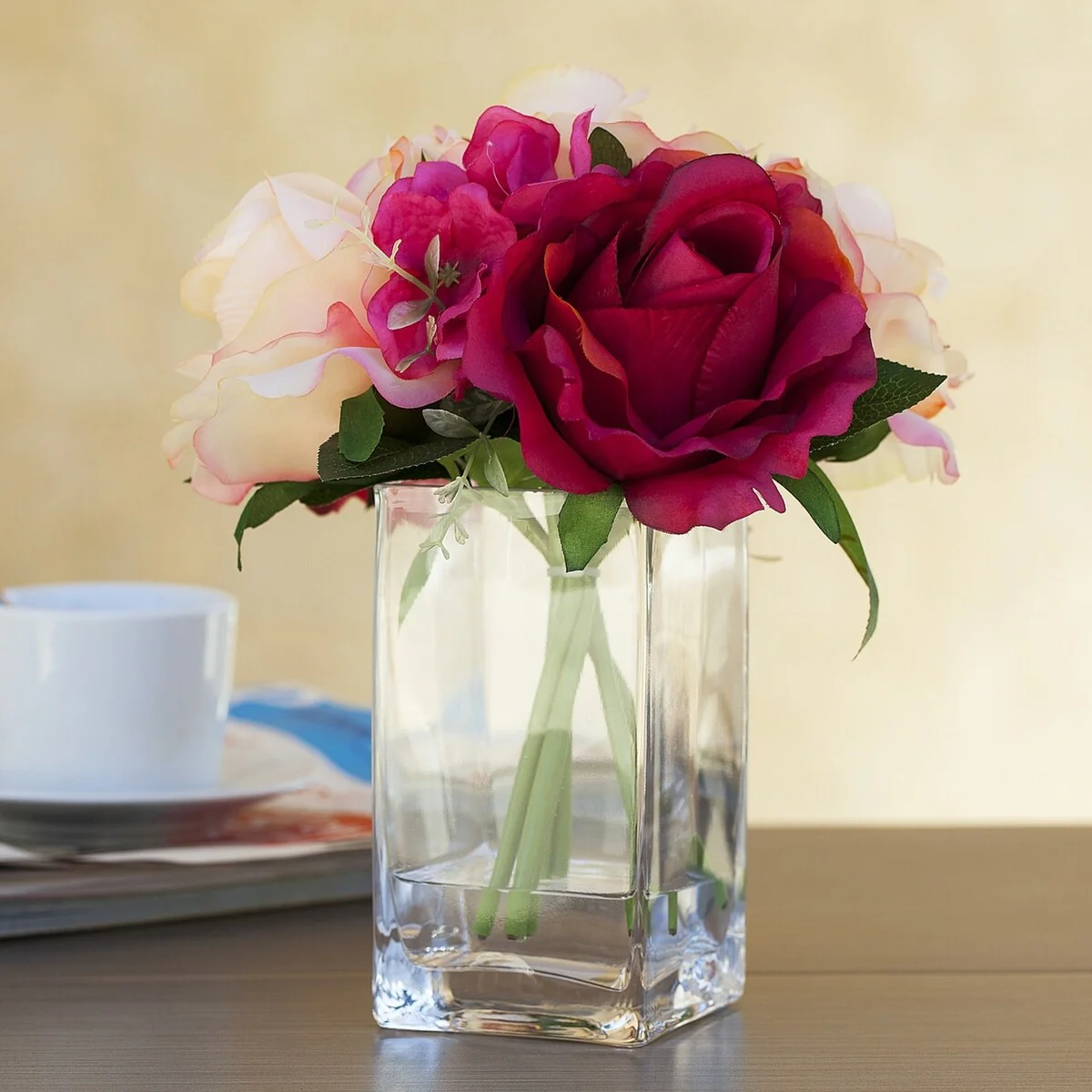 Enova Home Purple Cream Silk Rose and Hydrangea Flower Arrangement in Glass Vase With Faux Water