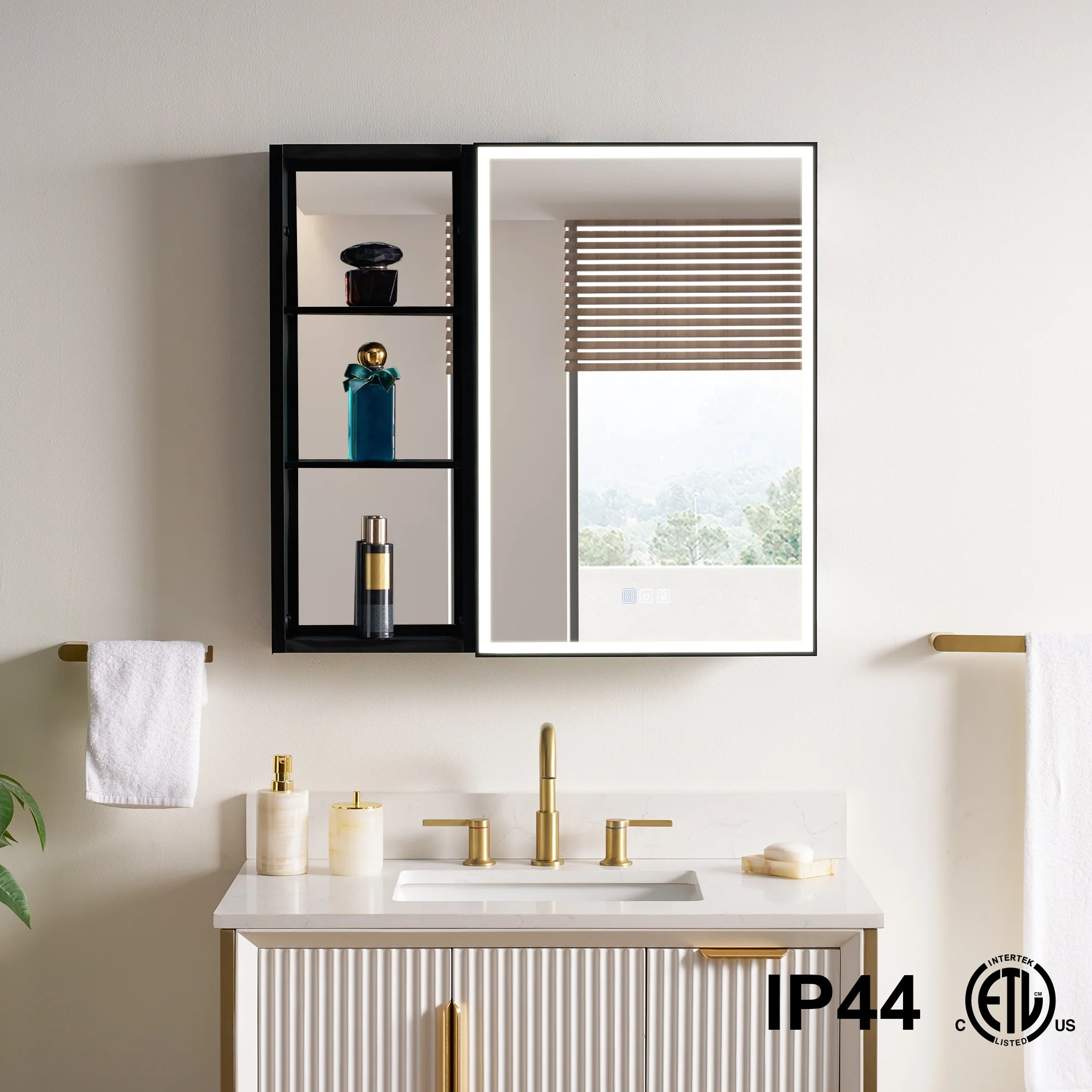 30 in. H Recessed or Surface Wall Mounted LED Mirror Cabinet With Black Side Cabinet