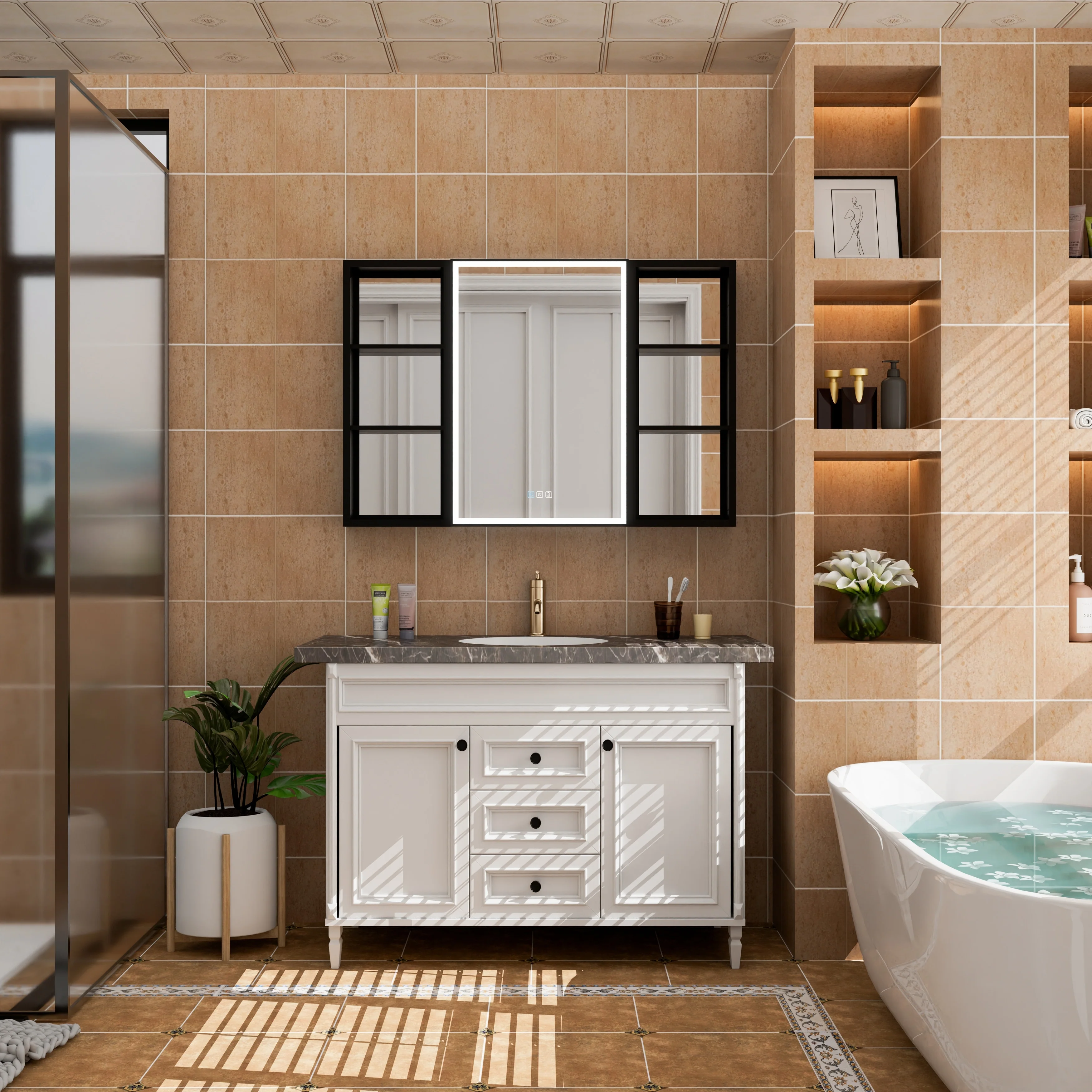 30 in. H Recessed or Surface Wall Mounted LED Mirror Cabinet With Black Side Cabinet