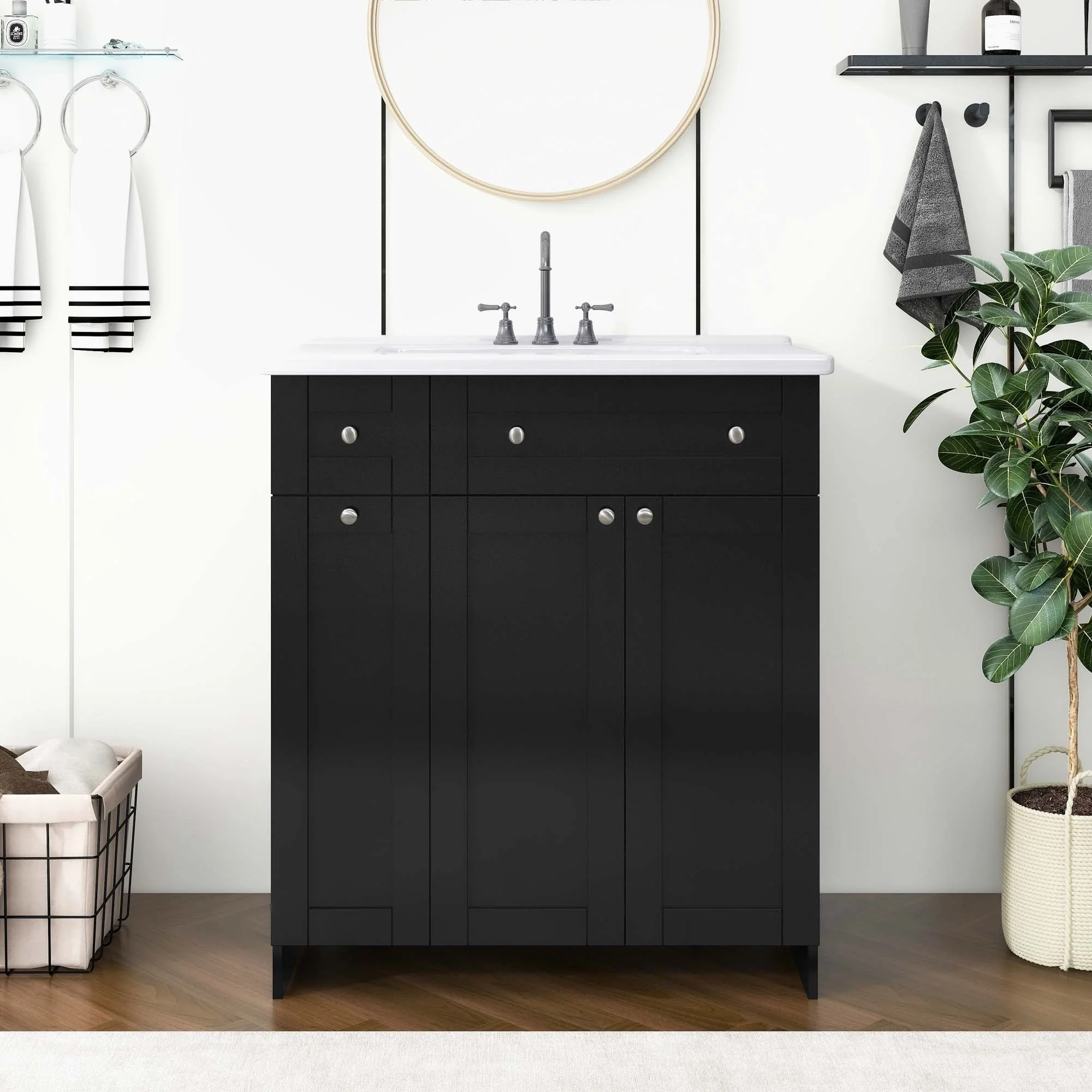 30-Inch Black Bathroom Vanity with Ceramic Sink