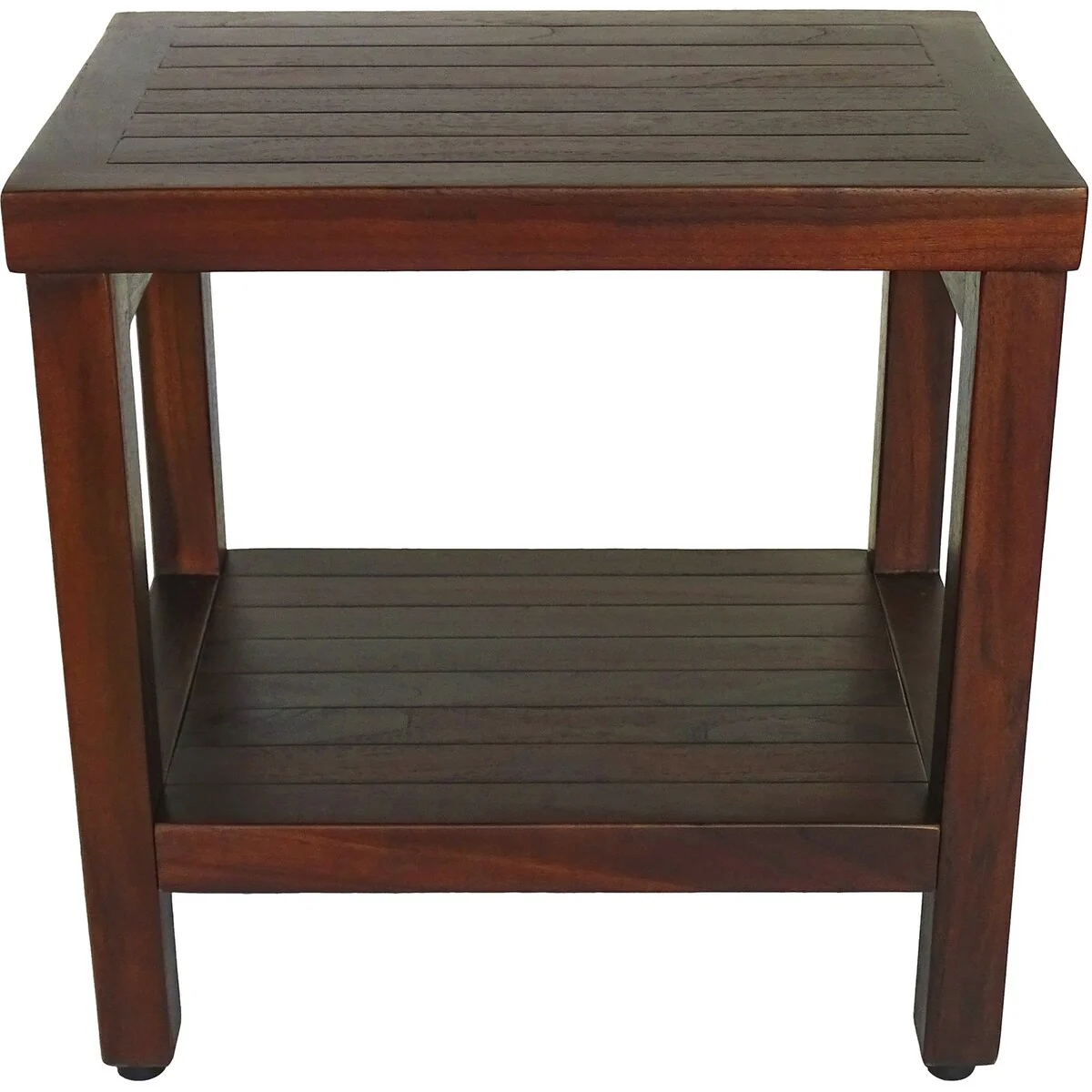 Compact Rectangular Teak Shower / Outdoor Bench with Shelf in Brown Finish